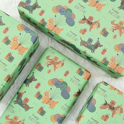 Miniatura 5 de Apol Papel de regalo de feliz cumpleaños para perro papel de regalo de cachorro verde 4 hojas plegadas papel de regalo de estraza para niños niñas