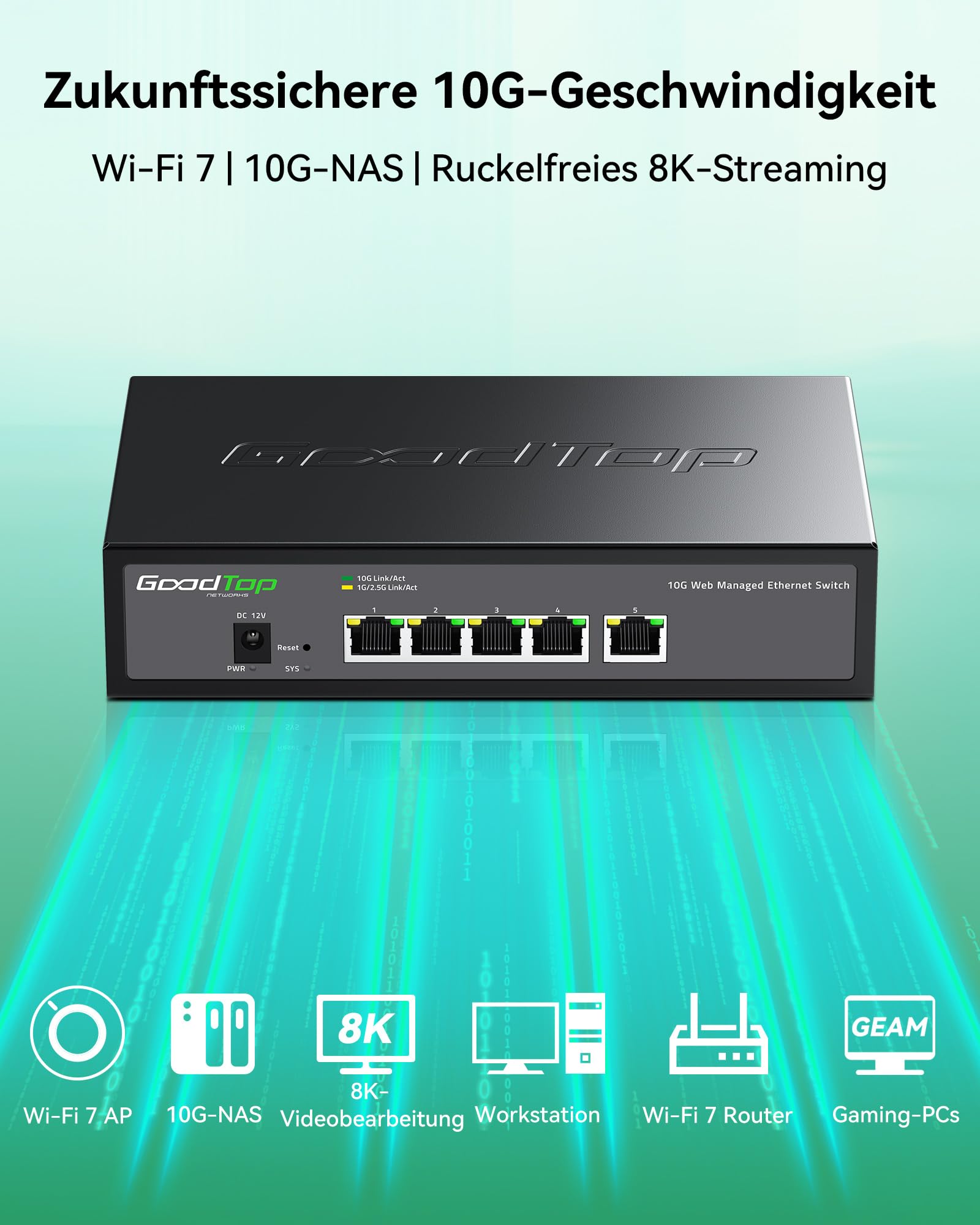 5-Port 10G Managed Switch, LAN Switch 10Gbit mit Noctua Silent-Lüfter