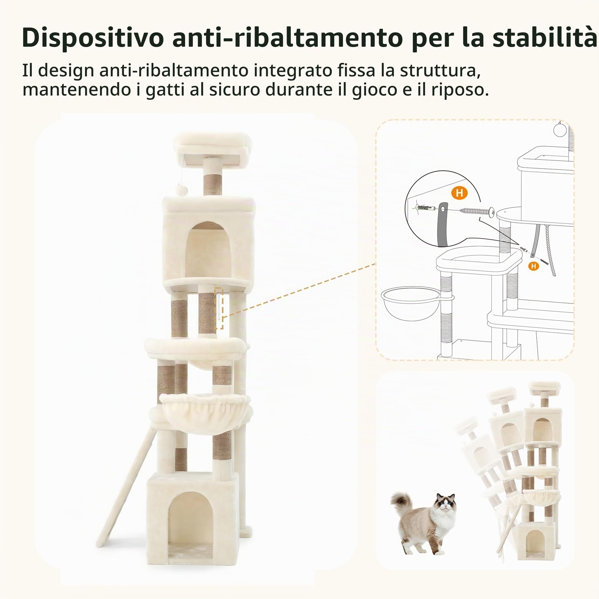 Heybly Albero Tiragraffi per Gatti da 184 cm, Torre Anti-Ribaltamento per Gatti Adulti XXL, Mobile con Posatoi Spaziosi, Zone Interattive Multiple e Grande Grattatoio in Sisal, Beige HCT060MJ