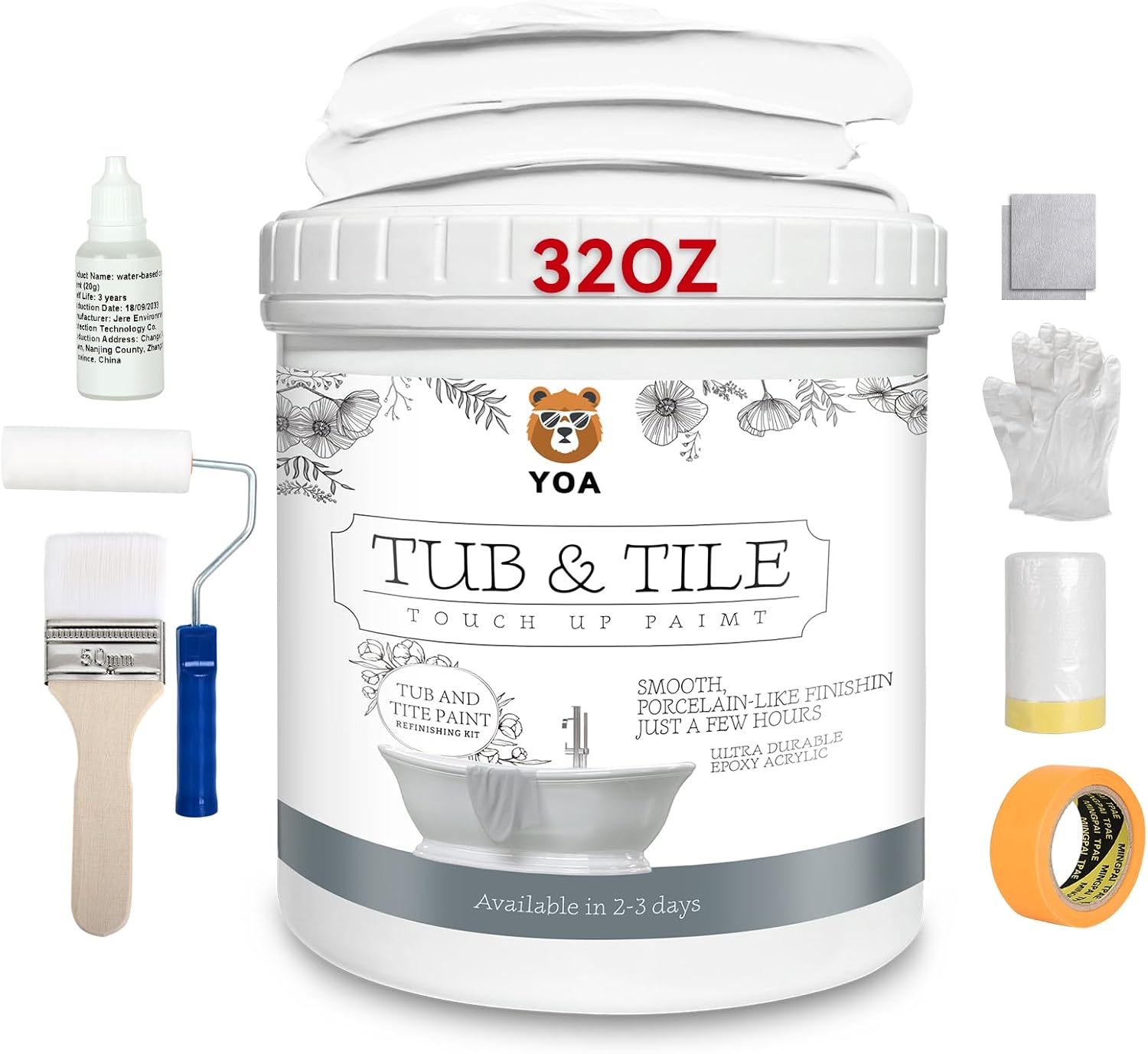 Tub and Tile Paint White, 1kg, 32oz, Bathtub Washbasin Toilet Ceramic Tile and Kitchen Countertop Refinishing, Odorless and Non-Toxic Heavy Glaze Epoxy Resin Coating