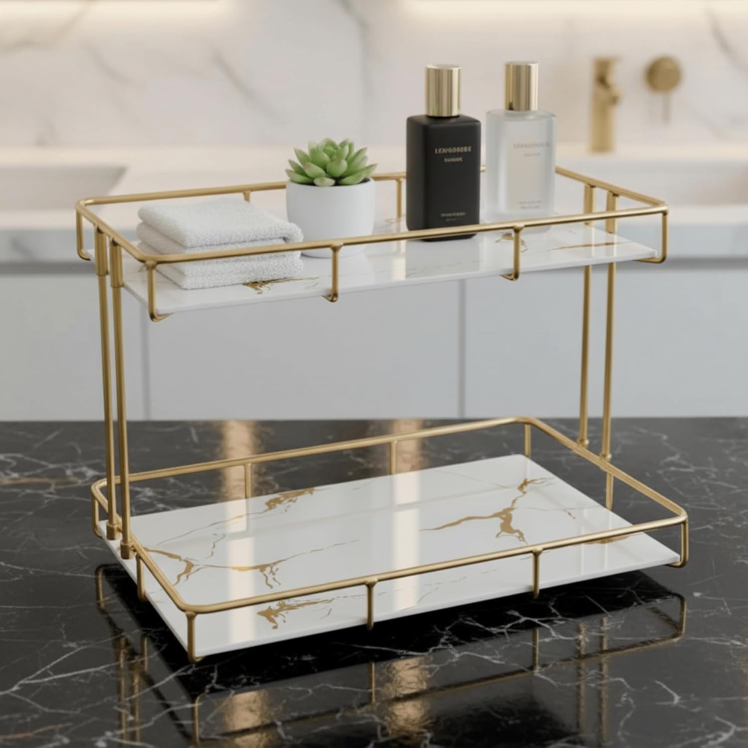 2-Tier White Marble Bathroom Countertop Organizer – Glass Shelves & Gold Metal Frame, Elegant Vanity Storage Shelf for Perfume, Skincare, Makeup & Toiletries