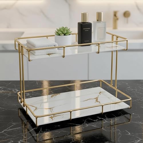 2-Tier White Marble Bathroom Countertop Organizer – Glass Shelves &