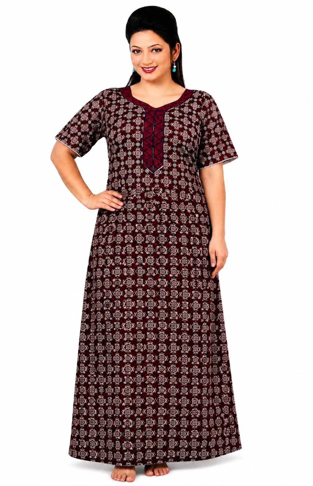 Cotton Pure Night Gown for Women with Embroidery Design Brown-picture-32