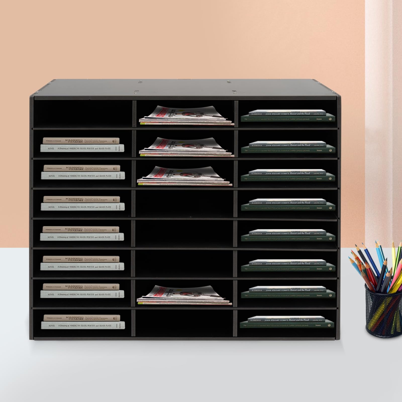 Organizer per documenti, bianco e nero, per archivio, ufficio, sistema di archiviazione in PVC, per raccoglitori, riviste in ufficio (nero, 73,7 x 30,2 x 59,6 cm)