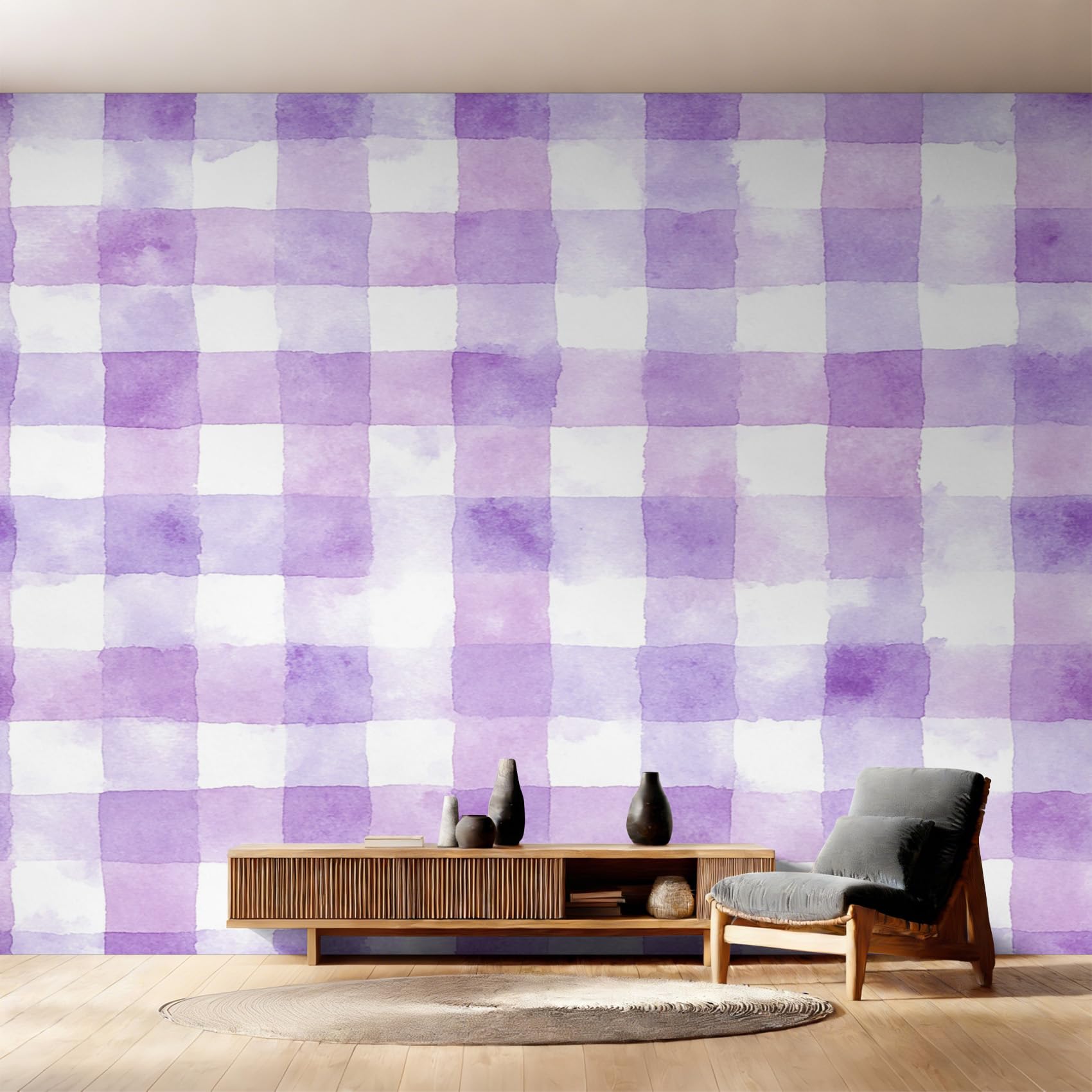 Papier peint panoramique carreau violet pour masquer les murs abîmés