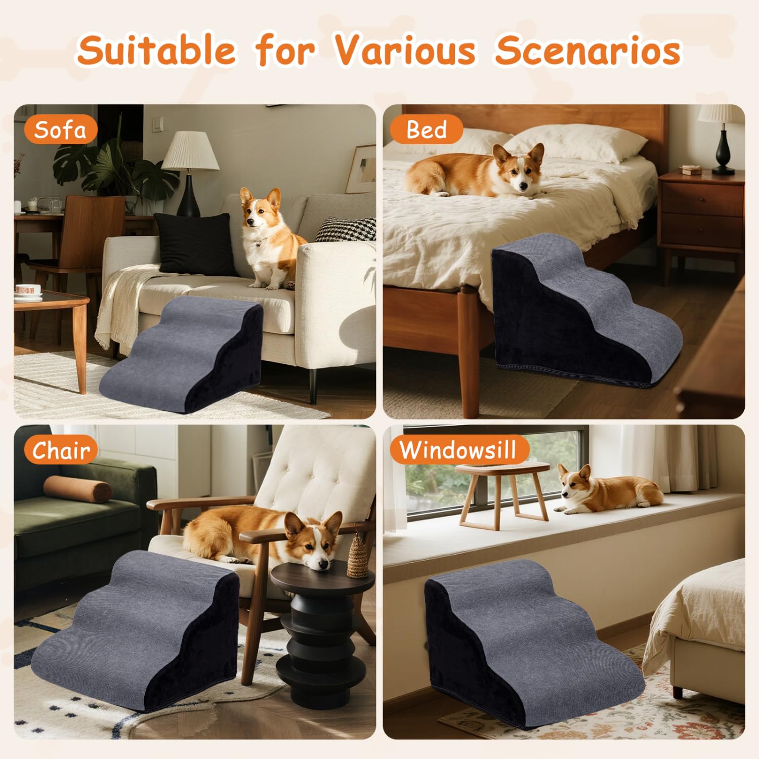 Nobleza Escalera para Perros Pequeños, Escaleras para Mascotas de Espuma para Cama y sofá, Rampa para Perro con Funda Lavable y Fondo Antideslizante, Ligera, 35x56x40cm, 3 Peldaños, Gris