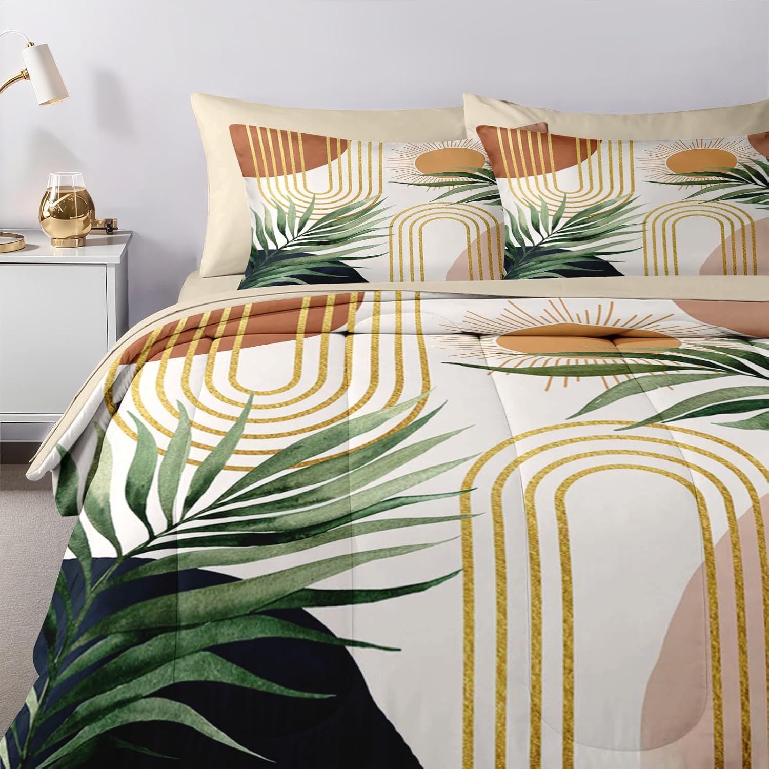 Nesker Comforter Set King Size, Bohemian Boho Geometric 7 Pcs Bedding for Kids and Adults, Mid Century Modern Plant Sun Bed Sheet Sets with Fitted Sheet 2 Pillowcases & 2 Shams