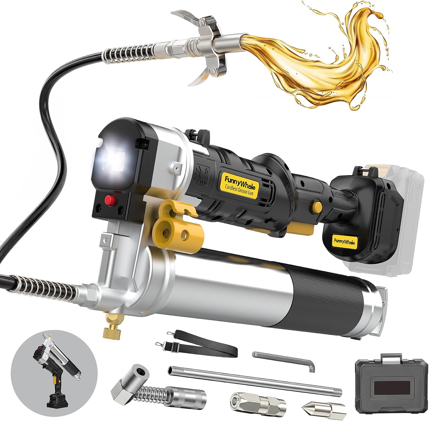 Funnywhale Cordless Grease Gun Compatible with DeWalt 20V MAX Battery(No Battery) 12000PSI High-Pressure with 2-in-1 Rotating Handle, 16.4" Hose & 4 Couplers for Bulk & Cartridge Grease