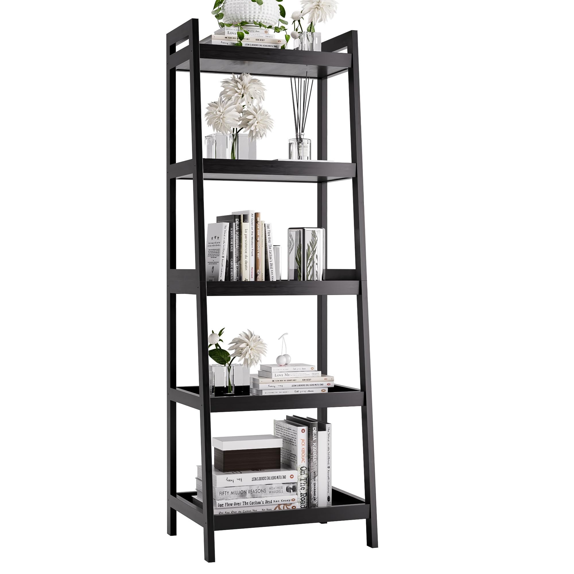 Bookshelf, 5 Tier Ladder Bookcase with Bamboo Frame, Freestanding Tall Narrow Display Plant Shelf for Living Room, Kitchen, Bedroom, Balcony, Black