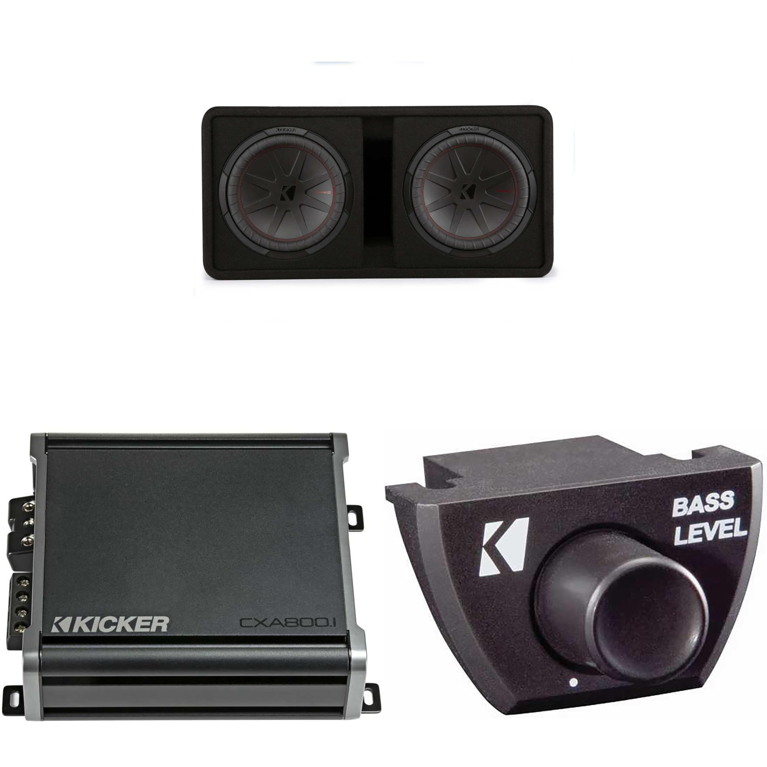 Kicker Comp R 12 Inch Dual Subwoofer in Vented Enclosure Package with 46CXA8001 Amplifier & Bass Knob
