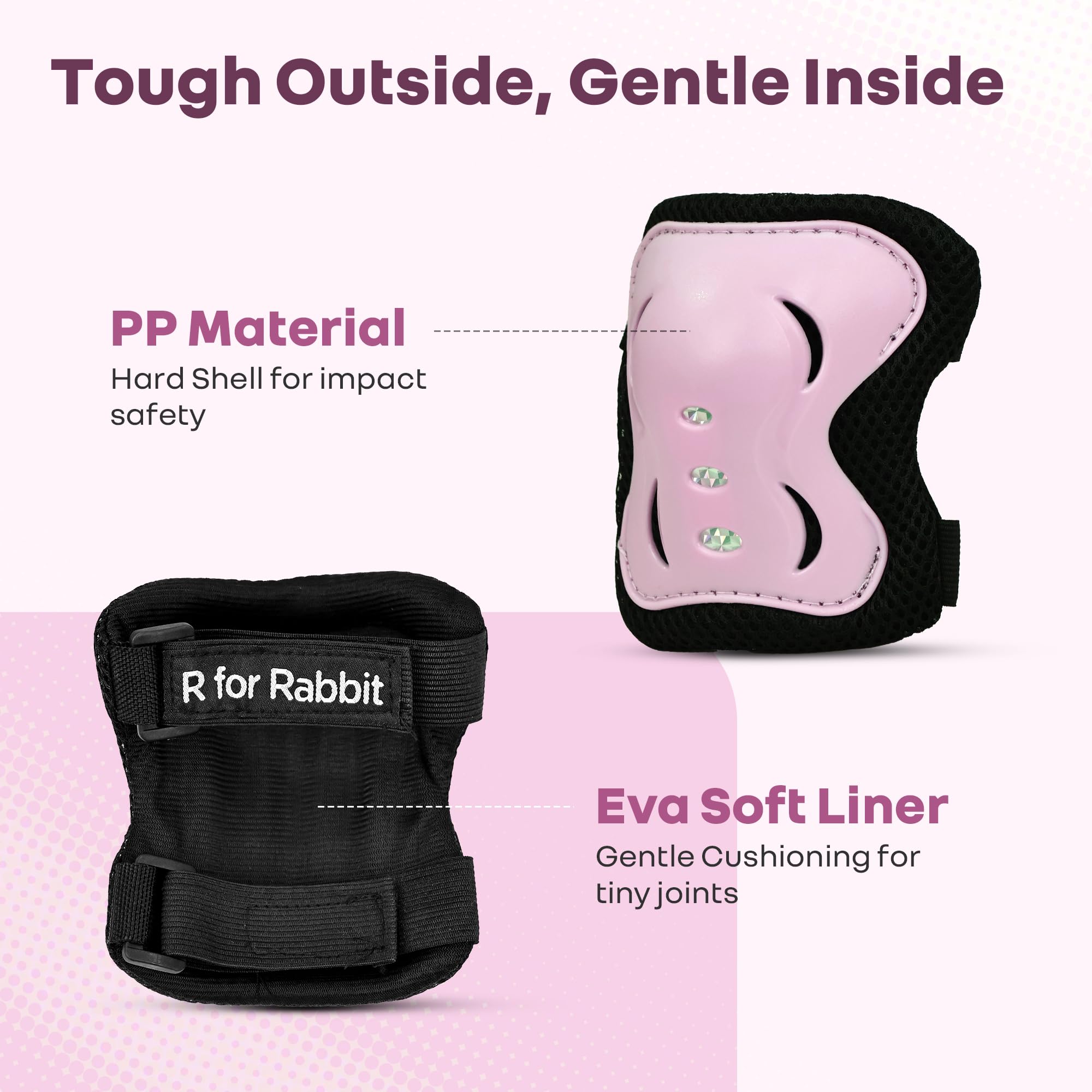 R for Rabbit Safe Play Protector Pads for Kids Knee Elbow Wrist Guards Lightweight Adjustable for Cycling Skating & Other Sports PP Shell EVA Soft Liners Material Pads Age 6-12 Years Babies (Pink) 1