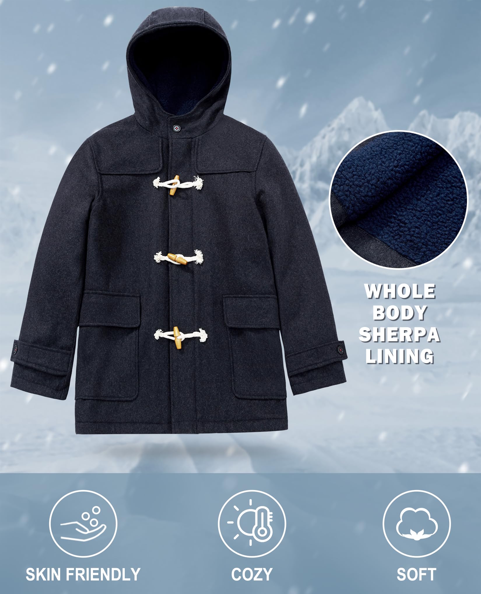 maoo garden Jungen Wollmantel Kinder Winter Schwere Sherpa gefütterte Dufflejacke Kapuzen Trenchcoat
