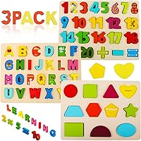 Vista 8 de Rompecabezas de madera para niños pequeños, rompecabezas de madera con forma de números del alfabeto, juguetes de aprendizaje para niños de 3, 4, 5