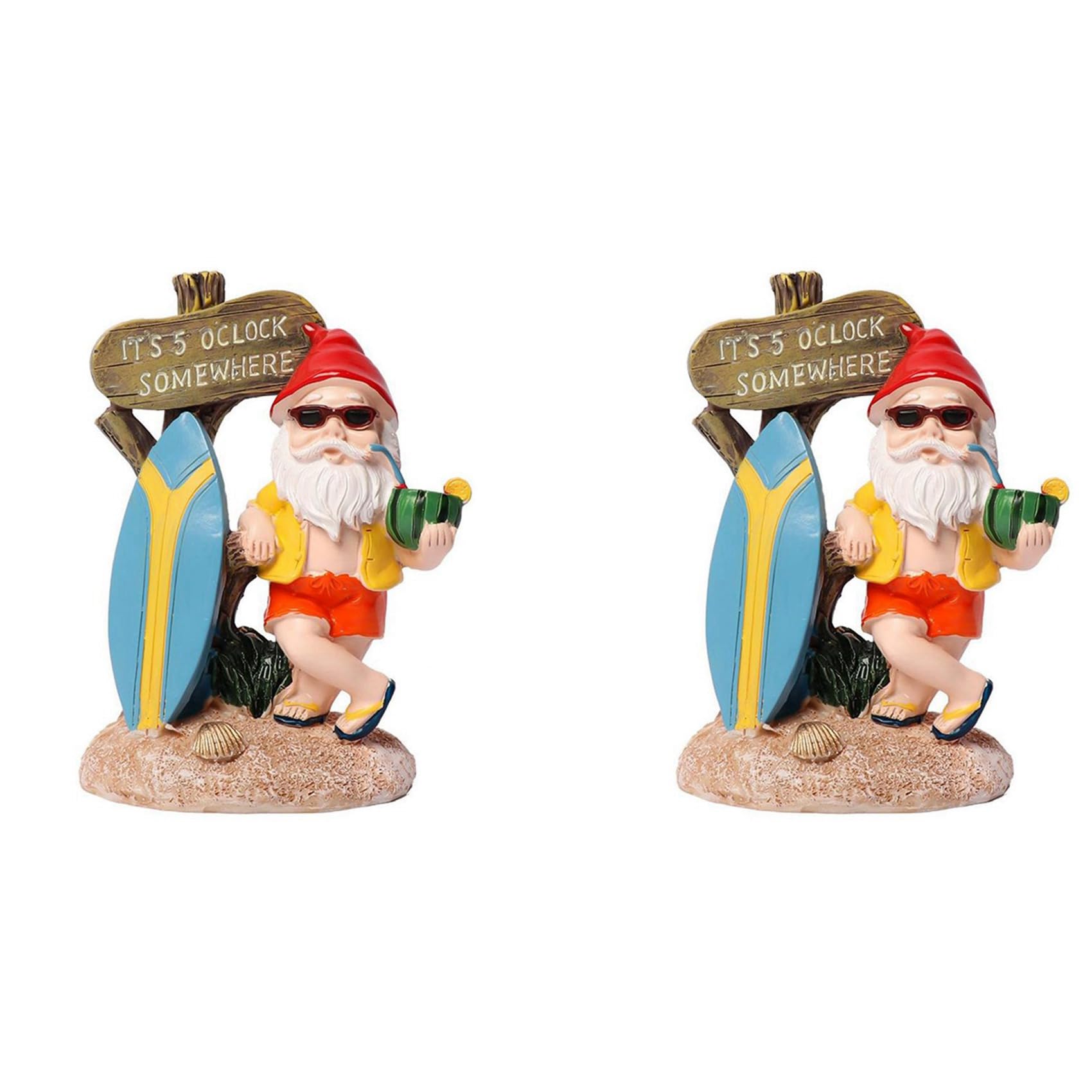 Vjsujehgy 2X Resin Funny Gnome Figurines with Surfboard Welcome Sign It'S 5 O'Clock Somewhere Statue for Home Garden Decoration
