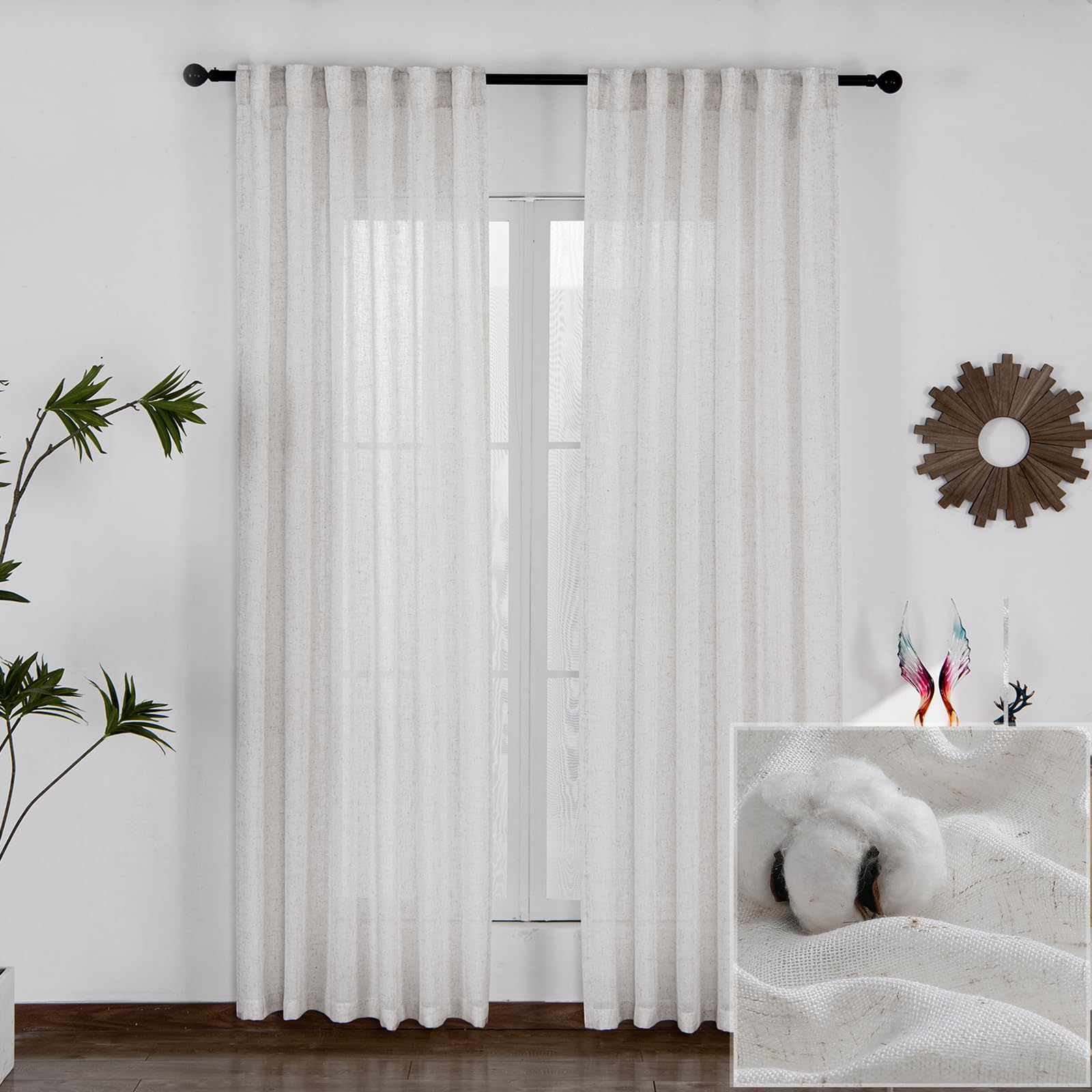 Natural Linen Pencil Pleat Curtains, White Semi Sheer Light Filtering Curtains for Bedroom Living Room, Farmhouse Office Rustic Privacy Curtain Drapes, Pinch Pleat Curtain 2 Panel Sets, 52" W x96 L W — image 1