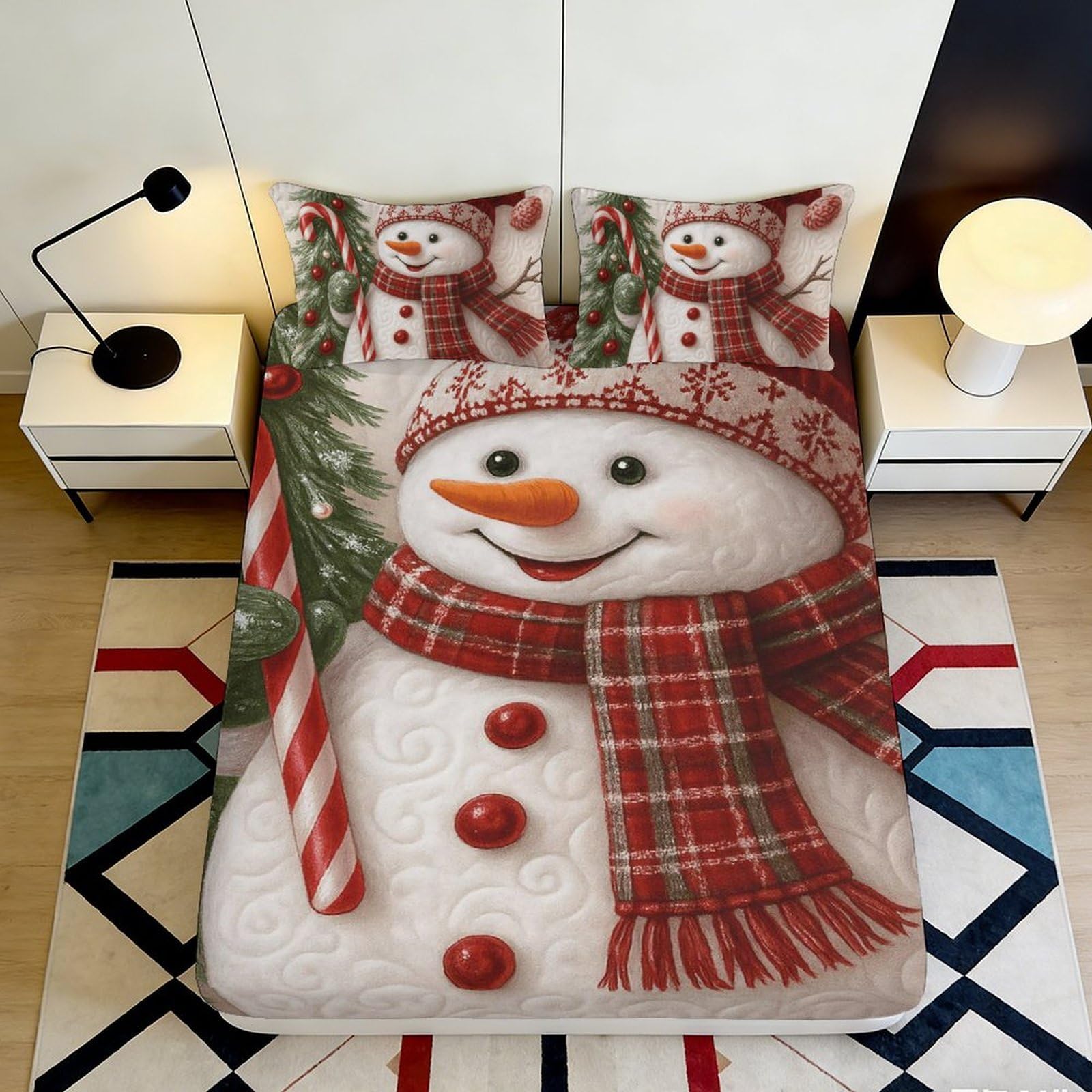 3D Printed Christmas Snowman Fitted Sheet Microfiber Soft Breathable Candy Cane Bed Cover for Bedroom Guest Room 90x200x25cm