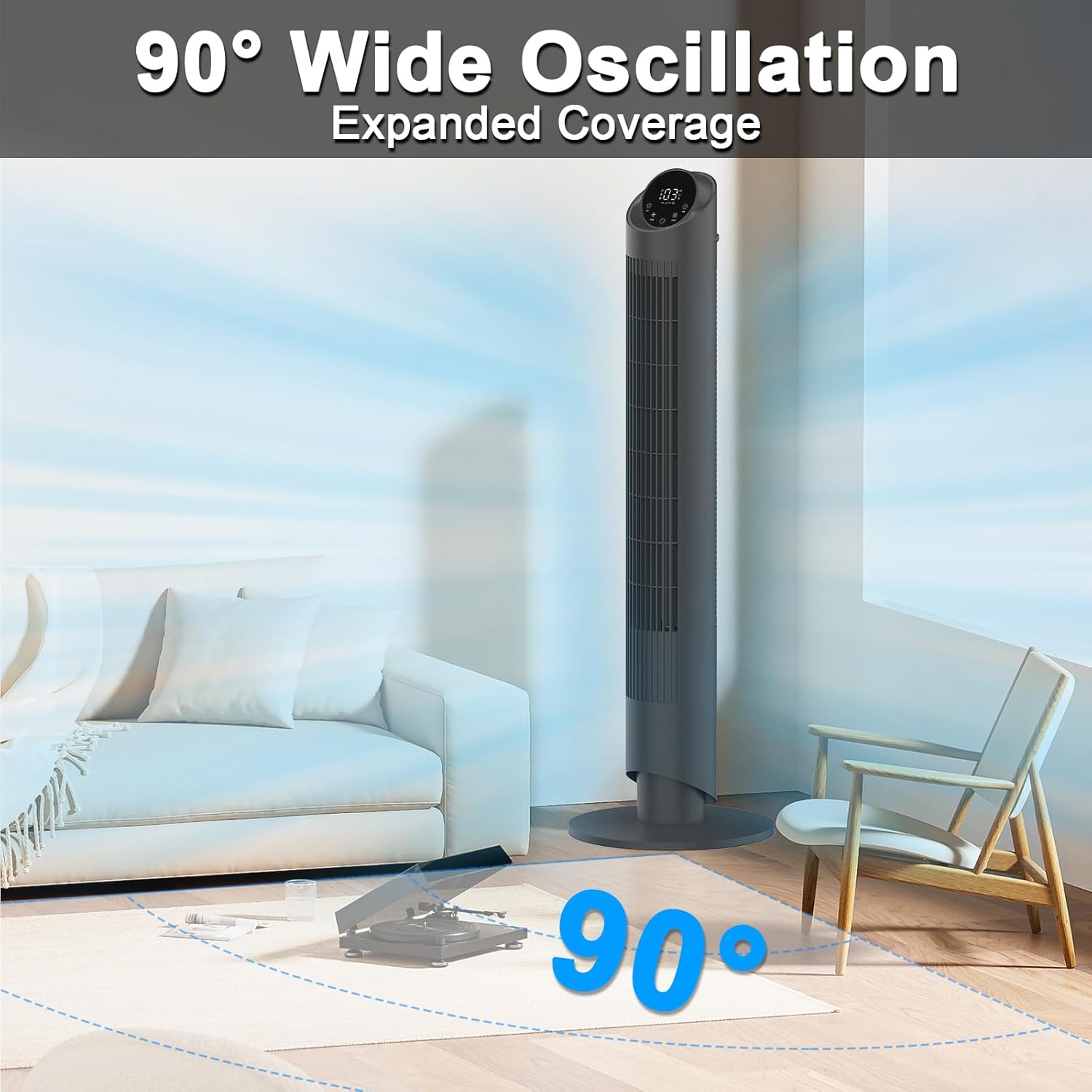 hykolity 40'' Tower Fan for Bedroom, 90° Oscillating Standing Fan, 28dB Ultra Quiet, 26ft/s Velocity Bladeless Floor Fan with 3 Speeds & 4 Modes, 12H Timer for Living Room, Home, Office, Black