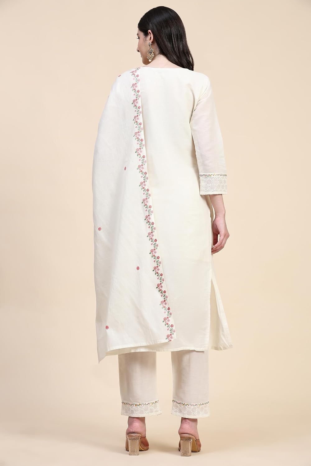 TRENDMALLS Women's Schiffli Pure Cotton Embroidery Salwar Suit Set Kurta Pant with Dupatta (G156-Offwhite-M), Medium