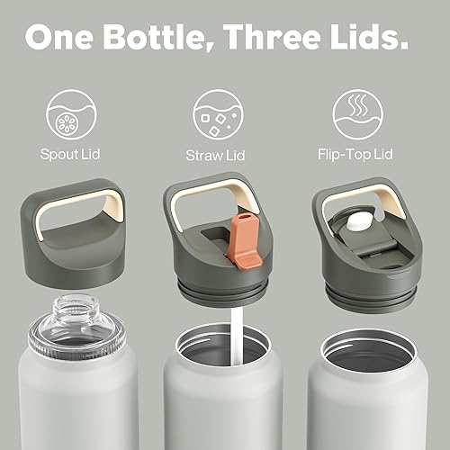 Miniatura 2 de Botella de agua aislada de 40 onzas para pesca: 3 tapas, a prueba de fugas, mantiene el hielo 24H y caliente 12H, de doble pared, gran botella de