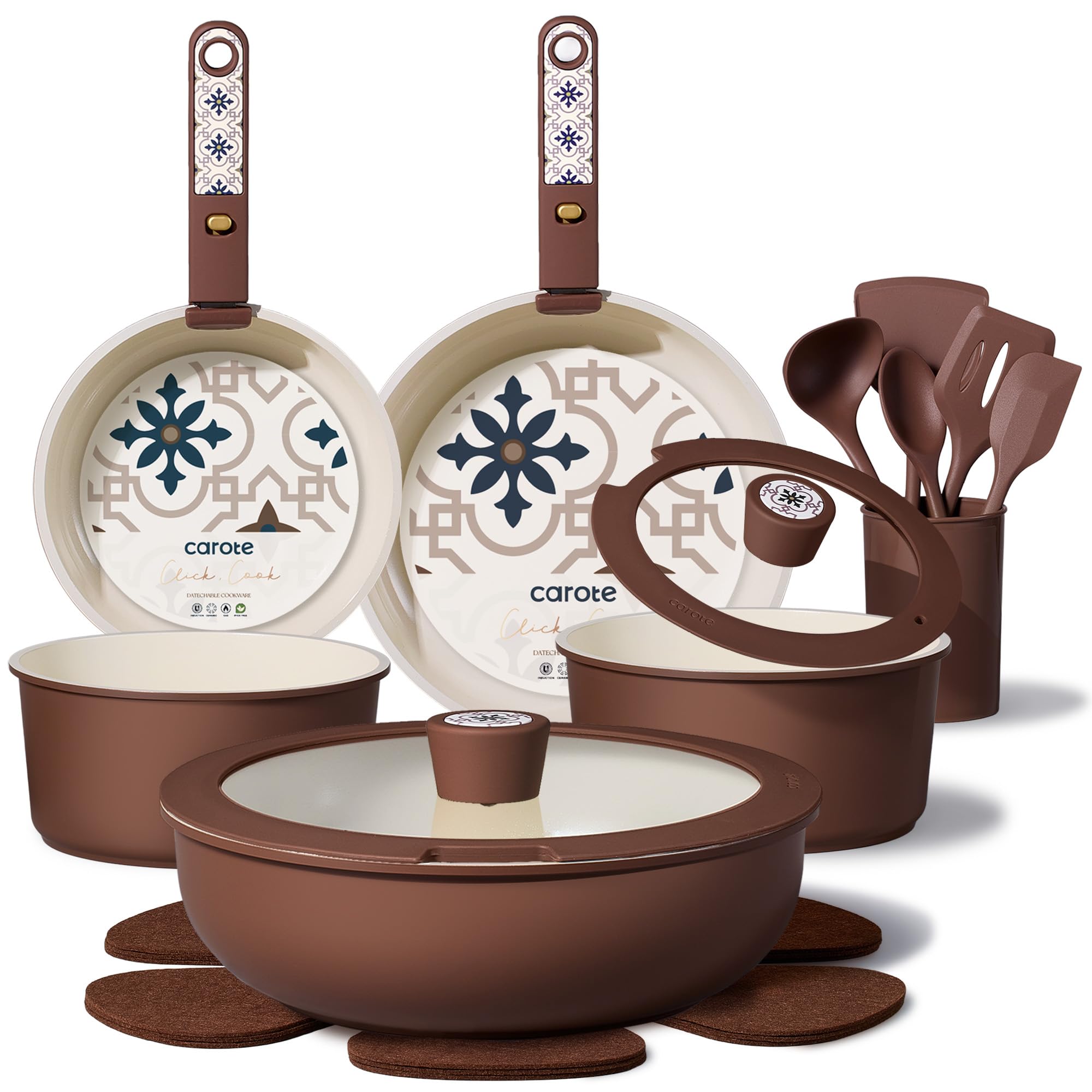 CAROTE 19Pcs Ceramic Cookware Set, Pots and Pans Set Non stick, Non Toxic Cookware Detachable Handle, Kitchen Cooking Set - Induction Cookware, Dishwasher/Oven Safe, PFAS Free, Chocolate
