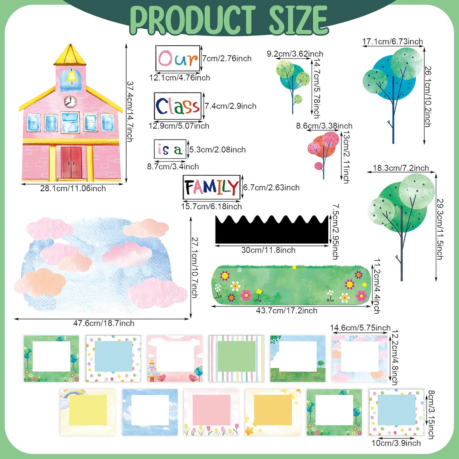 Mooliwe Our Class is a Family Bulletin Board Set 111 Pcs with Picture Frames for Classroom, School House Grassy Area Flower Tree Sky Cloud Cutout for Bulletin Board Chalkboard School Party Decor