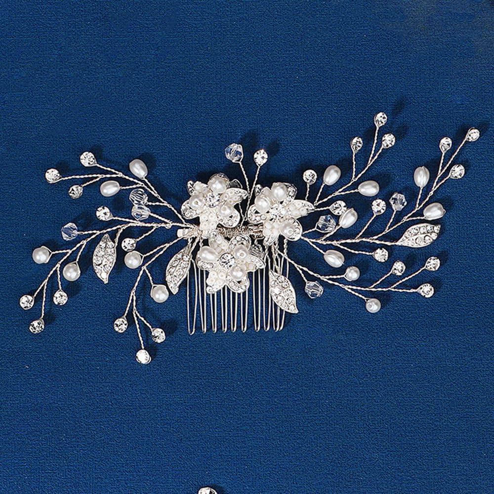 Wekicici Flower Wedding Hair Comb Silver Leaf Pearl Hair Piece for Bride Wedding Hair Accessories Bridal Crystal Pearl Hair Comb for Wedding Party Prom - Image 2