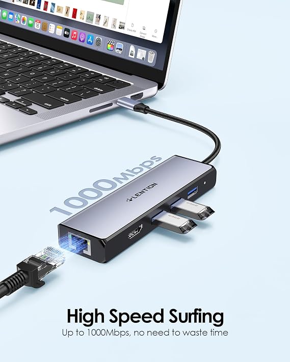 LENTION USB C Hub with 1000M Gigabit Ethernet Adapter, 4K HDMI Display, 3xUSB-A 3.0 Ports for MacBook Pro/Air/Neo, Dell, Lenovo, HP Laptops and More, Stable Driver Certified (C25, Space Gray)