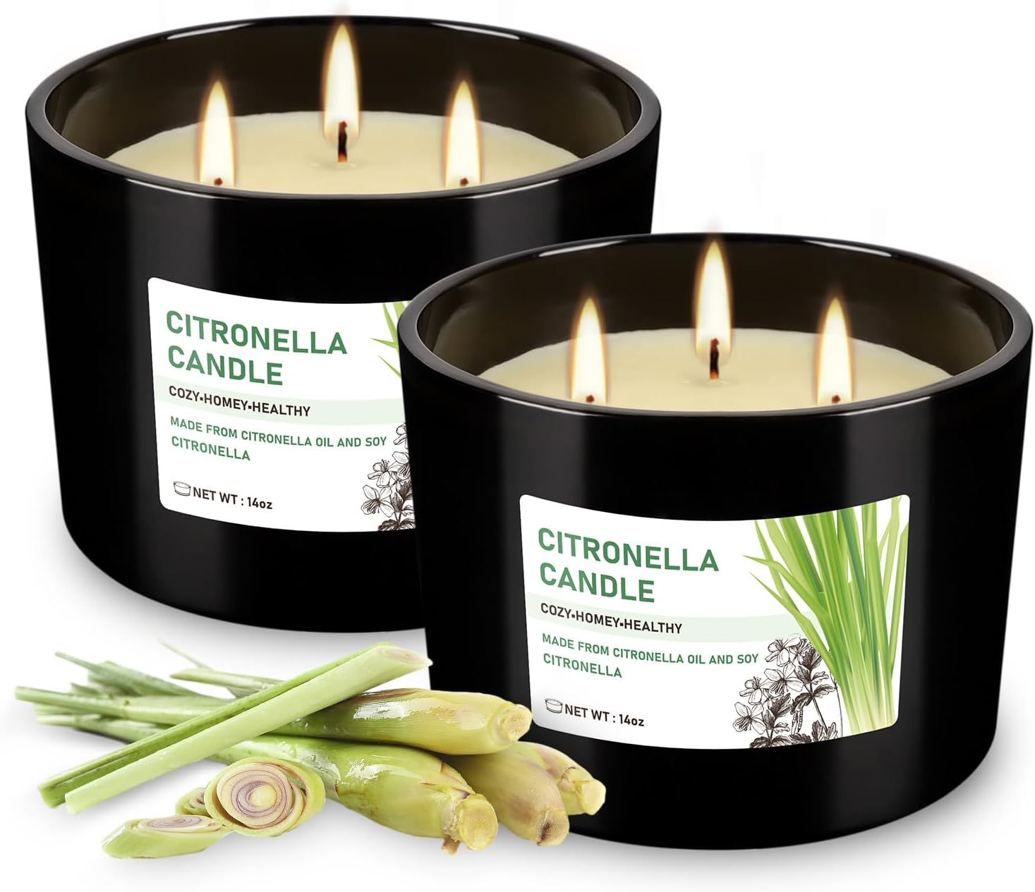 Set of 2 Black Glass Jars Citronella Oil Candles 14oz Smokeless & Outdoor Candles Perfect for Courtyards, Backyards, Camping, Picnics,Graden.