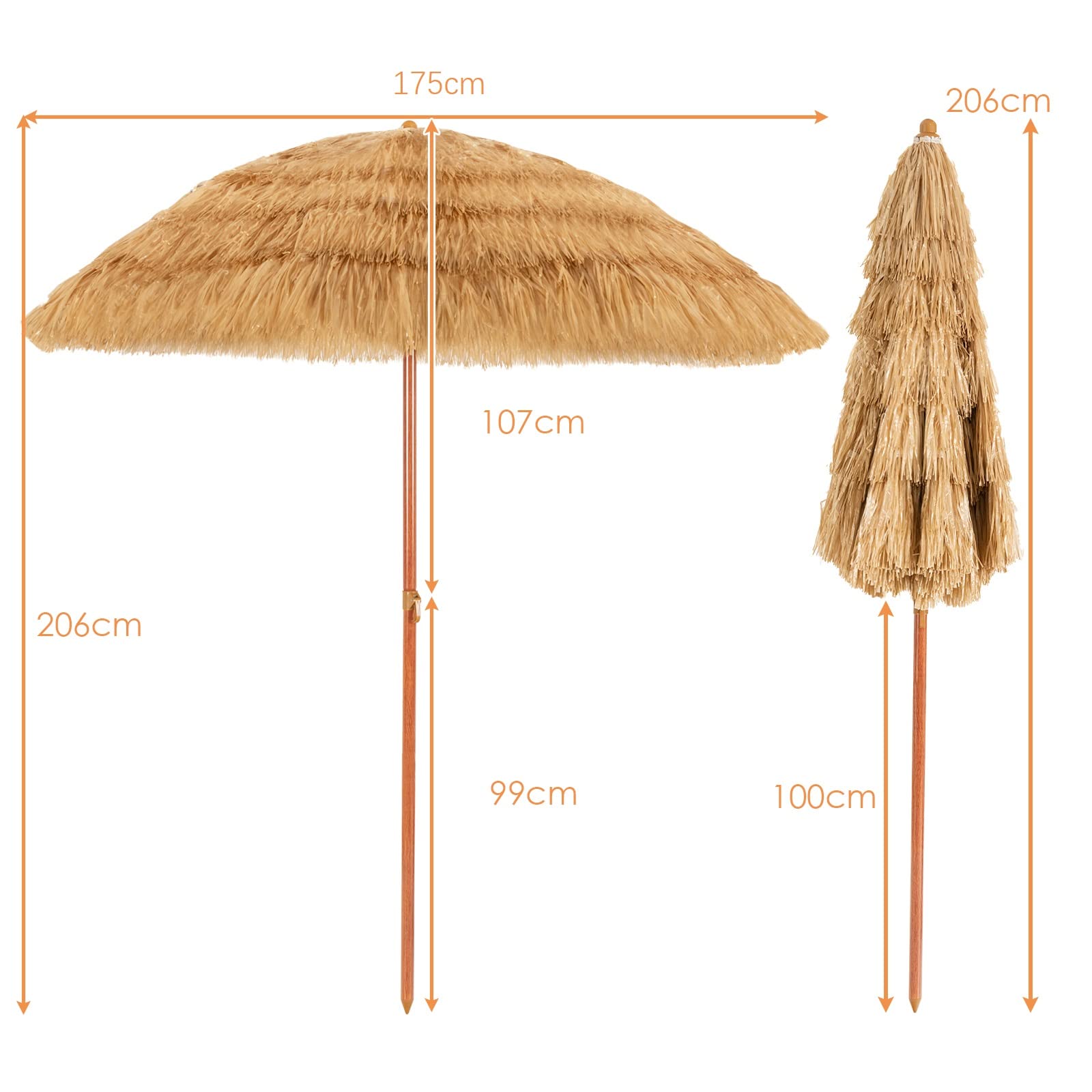 COSTWAY Sombrilla hawaiana, diámetro 175 cm, paja, plegable 30°, para jardín, balcón, playa, naturaleza