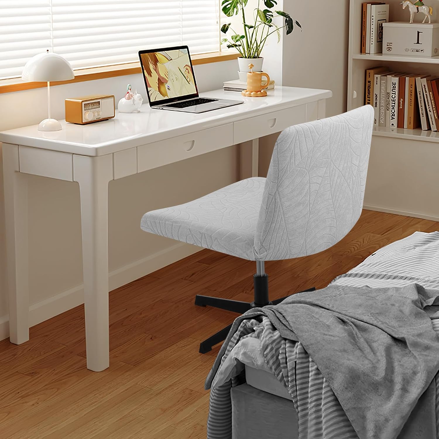 Fuloon Criss Cross Chair Cover, Waterproof, Stretchable, Solid Jacquard, Suited for Armless/Office/Desk/Mid Back Wide Seat/Computer/Task/Vanity/Accent Chair (Leaves -Shaped Jacquard, Light Grey)