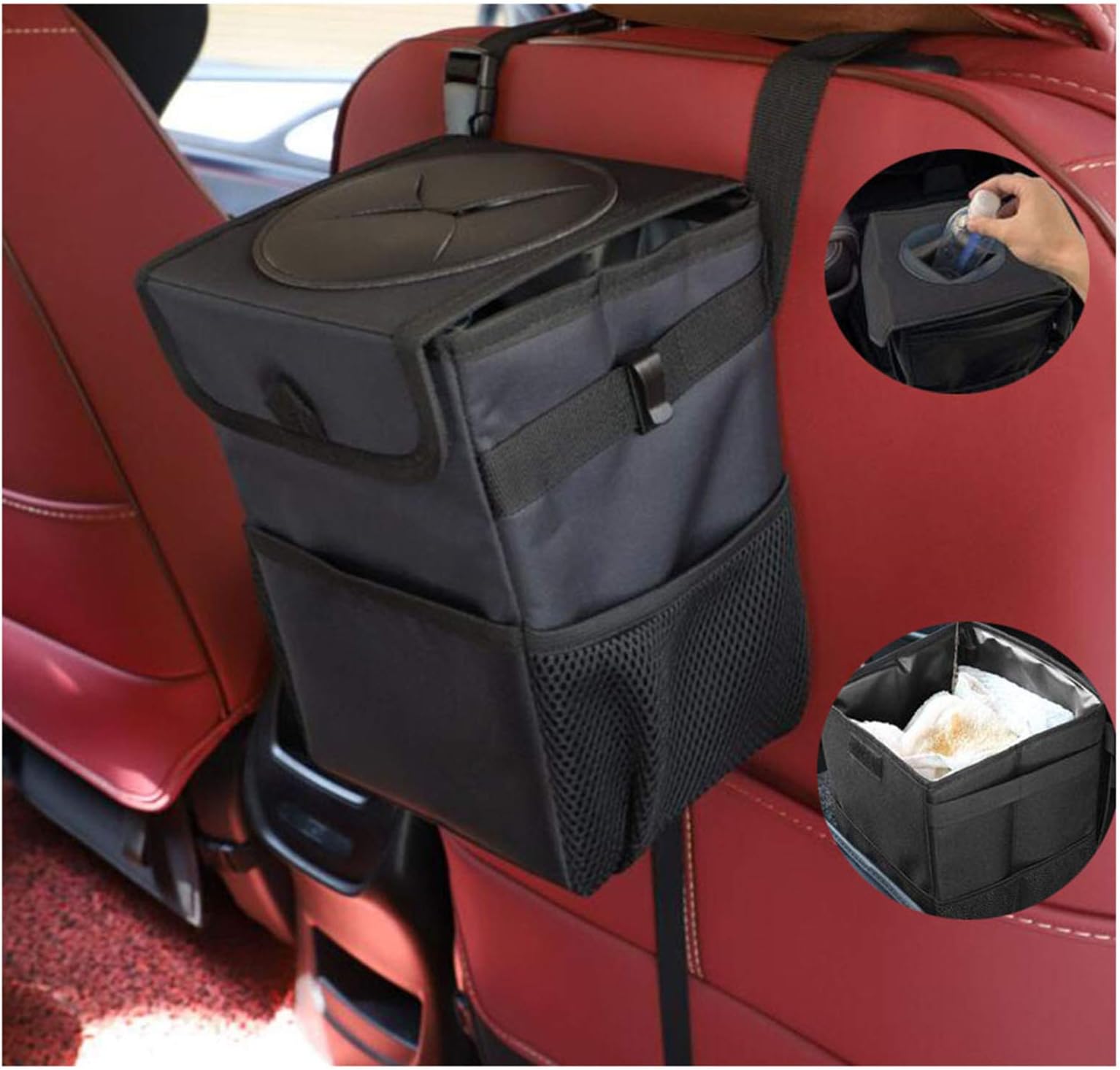 JU SHUN Foldable Car Bin, Car Rubbish Bin with Lid and Side Pockets, Leakproof Waterproof Oxford Car Trash Bag, Anti-smell Campervan bin, Car Accessory Organizer Bin Bag