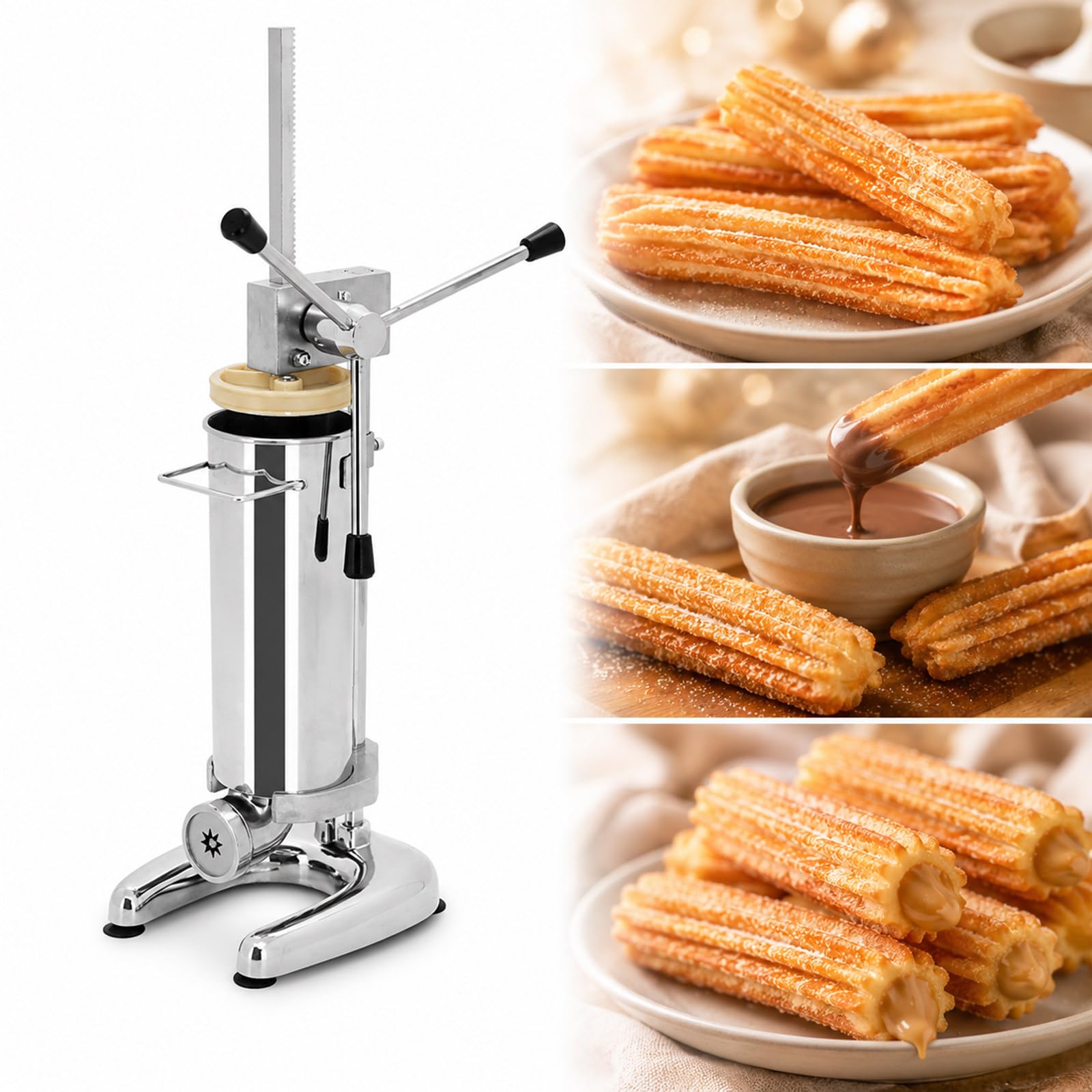Senza Elettricità, Macchina per Churros Manuale 3L con 5 Stampi, Pressa in Acciaio Inox per Food Truck, Bar, Chiosco, Sagre e Mercatini PRO Uso Commerciale 3L