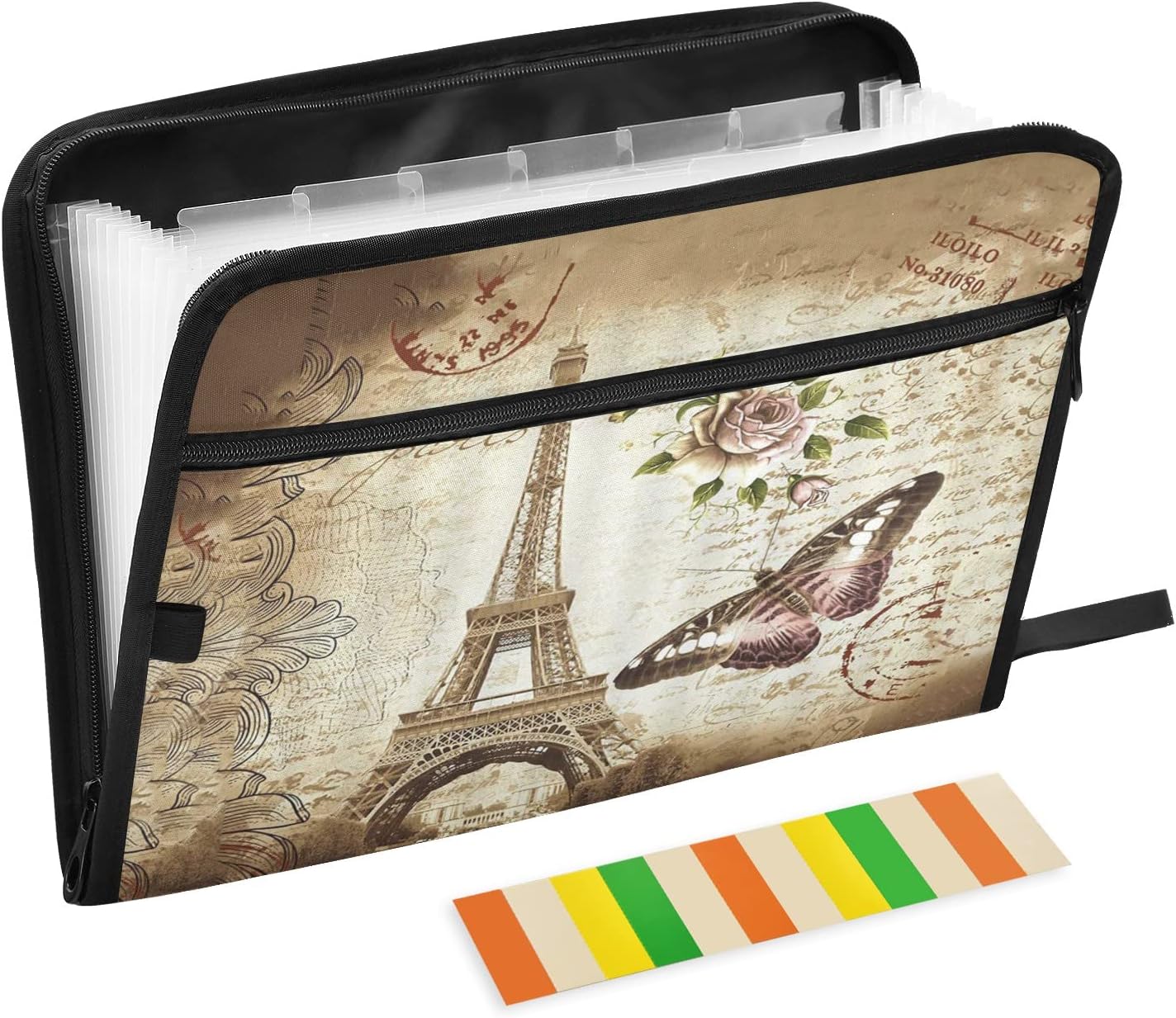 Eiffel Tower Expanding File Folders Organizer A4/Letter Size Butterfly Accordian File Organizer Document Holder Storage with Zipper Closure Portfolio Document Bag Money Briefcase 13 Pocket Folder