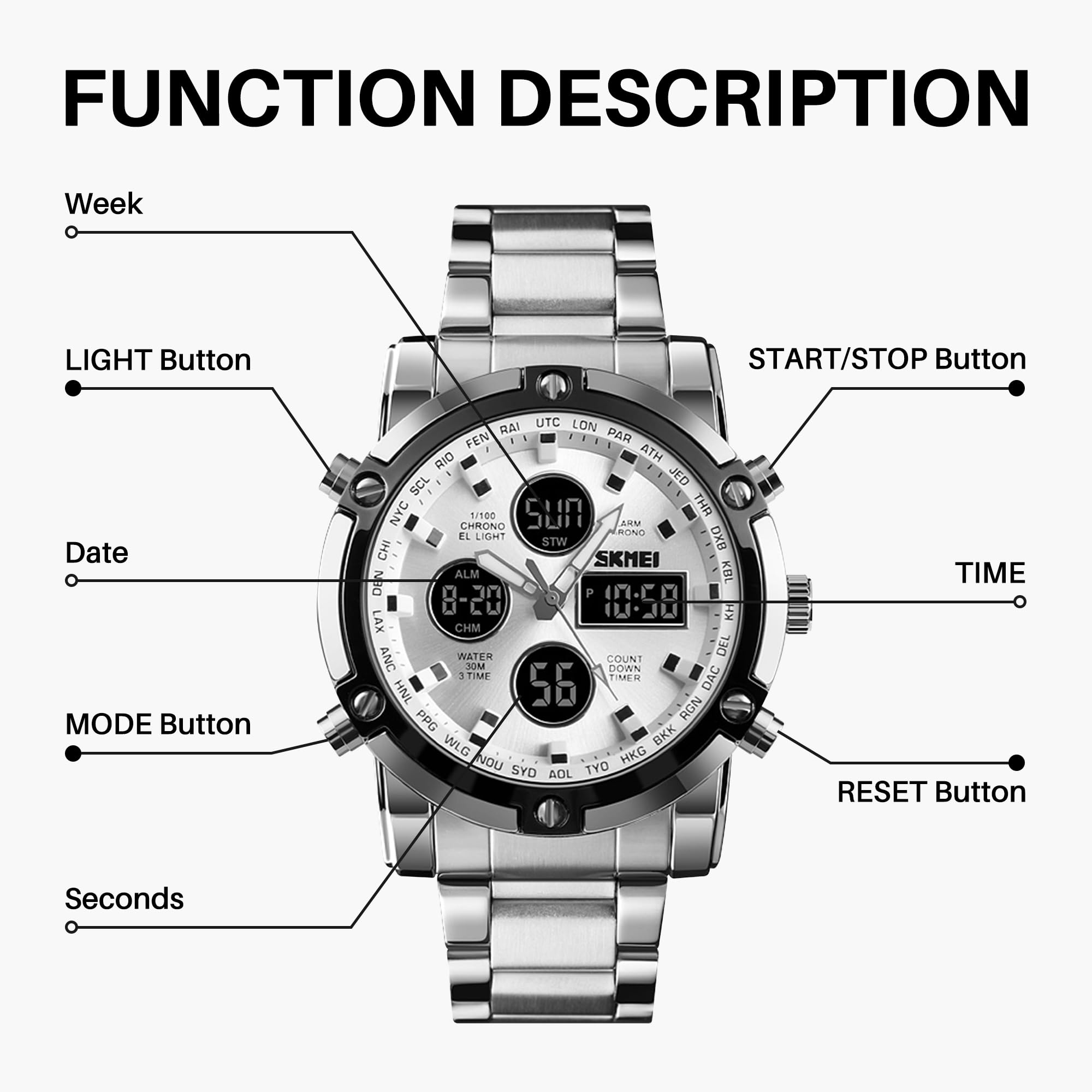SKMEI Herren-Armbanduhr, wasserdicht, Militär, analog, digital, mit LED, Chronograph, Edelstahl, Business-Uhren für Herren