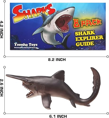 Miniatura 2 de Yeonha Toys Paquete de 8 juguetes de tiburón con folleto educativo, juego de figuras de tiburón realistas de plástico suave para niños, recuerdo de