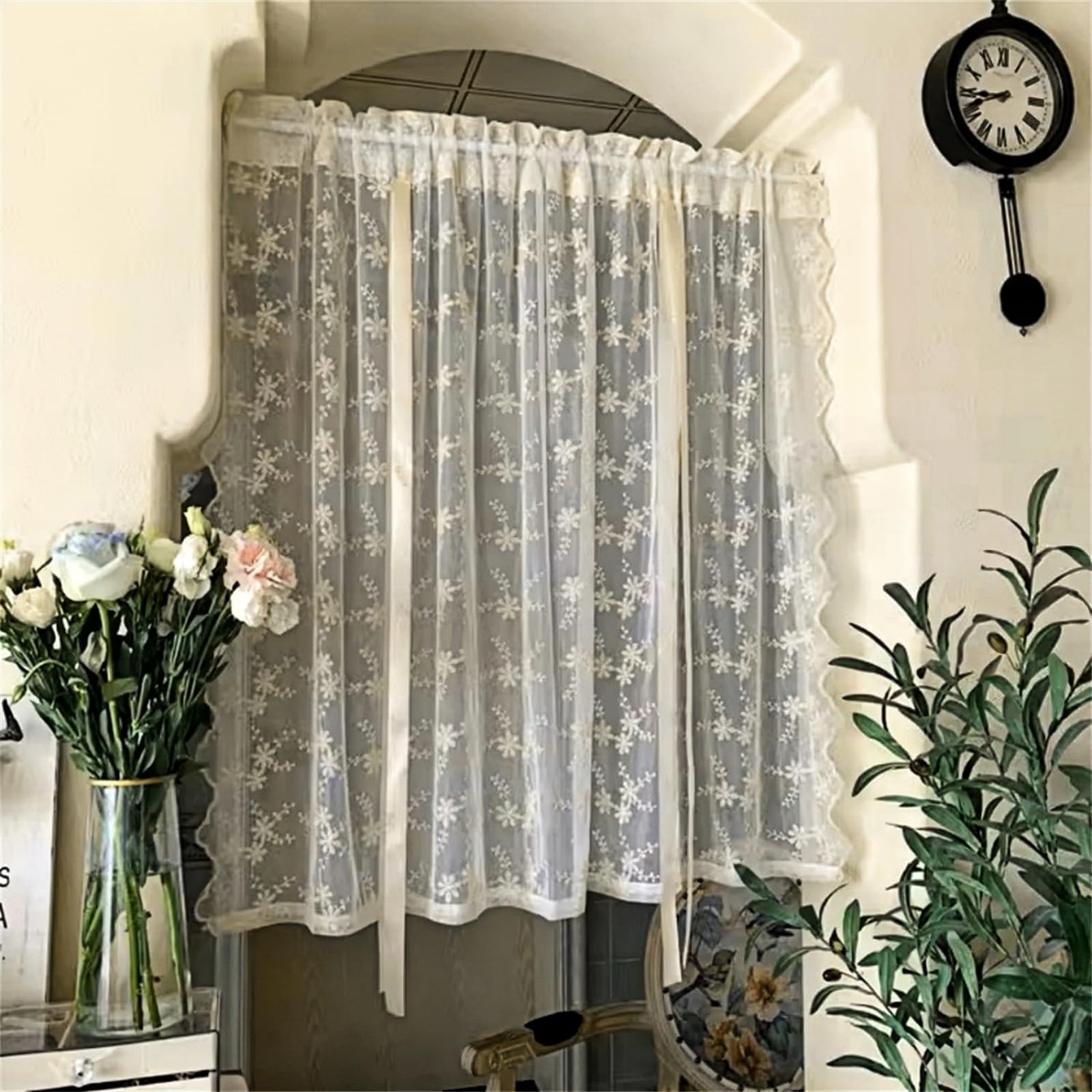 Ivory Embroidery Floral Sheer Curtain Tie Up Balloon Curtain Shade for Kitchen Bathroom Tulle Farmhouse Valance Rod Pocket Voile for Living Room Small Window 1 Panel Width 55 x 71 inches Length