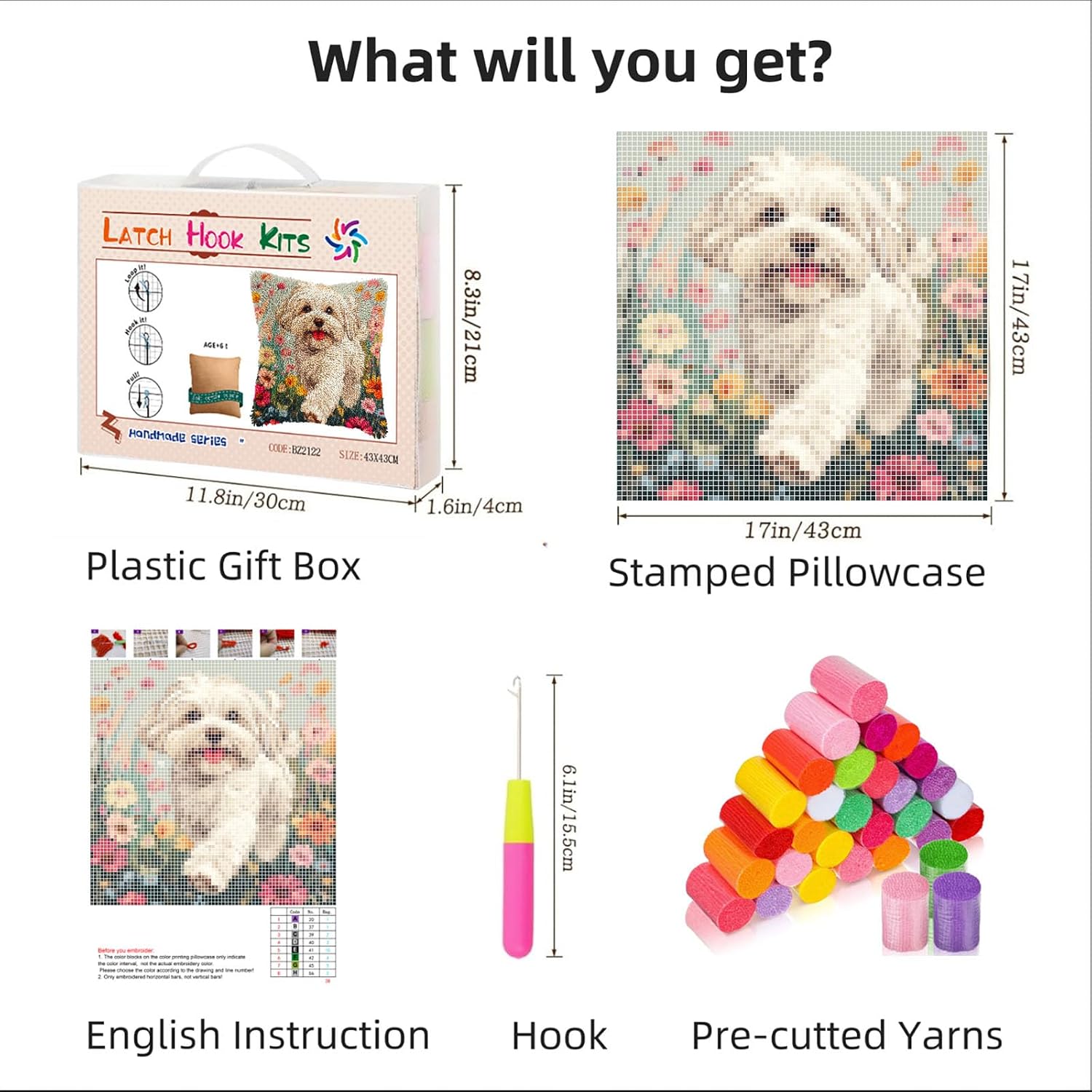 DIY Latch Hook Pillow Kits for Adults Happy Havanese Dog Running in Flowers Printed Pillowcase Crochet Yarns Hooking Handmade Pillow Cover Cushion for Home Sofa Decor 17x17inch(3) image 2