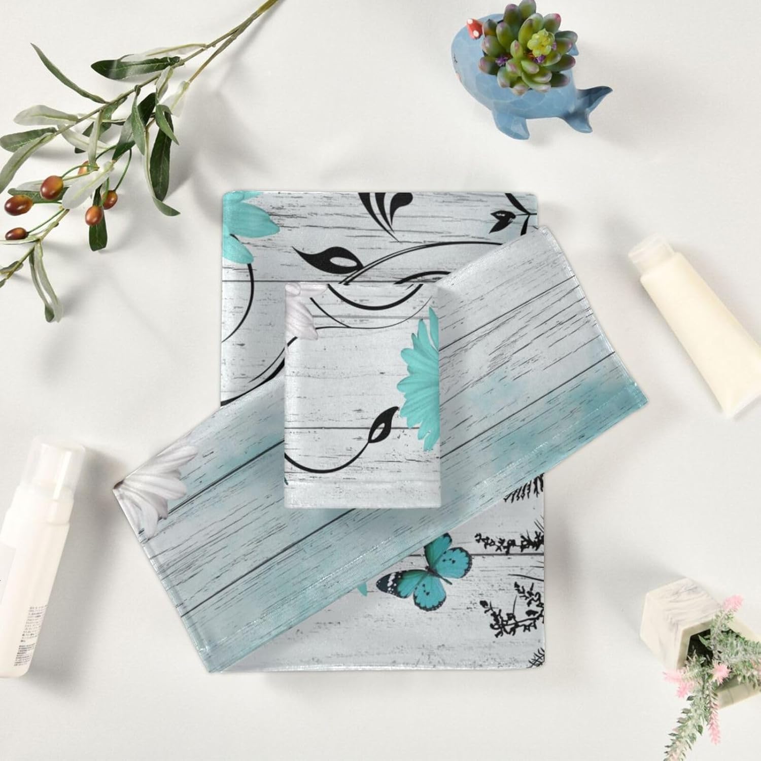 Teal Aqua White Daisy Flower Bath Towels Set,3 Piece Soft Rustic Butterfly Wooden Towel Set,1 Bath Towel 1 Hand Towel 1 Washcloth,Absorbent Decorative Guest Bathroom Towels for Kitchen Shower - Image 5