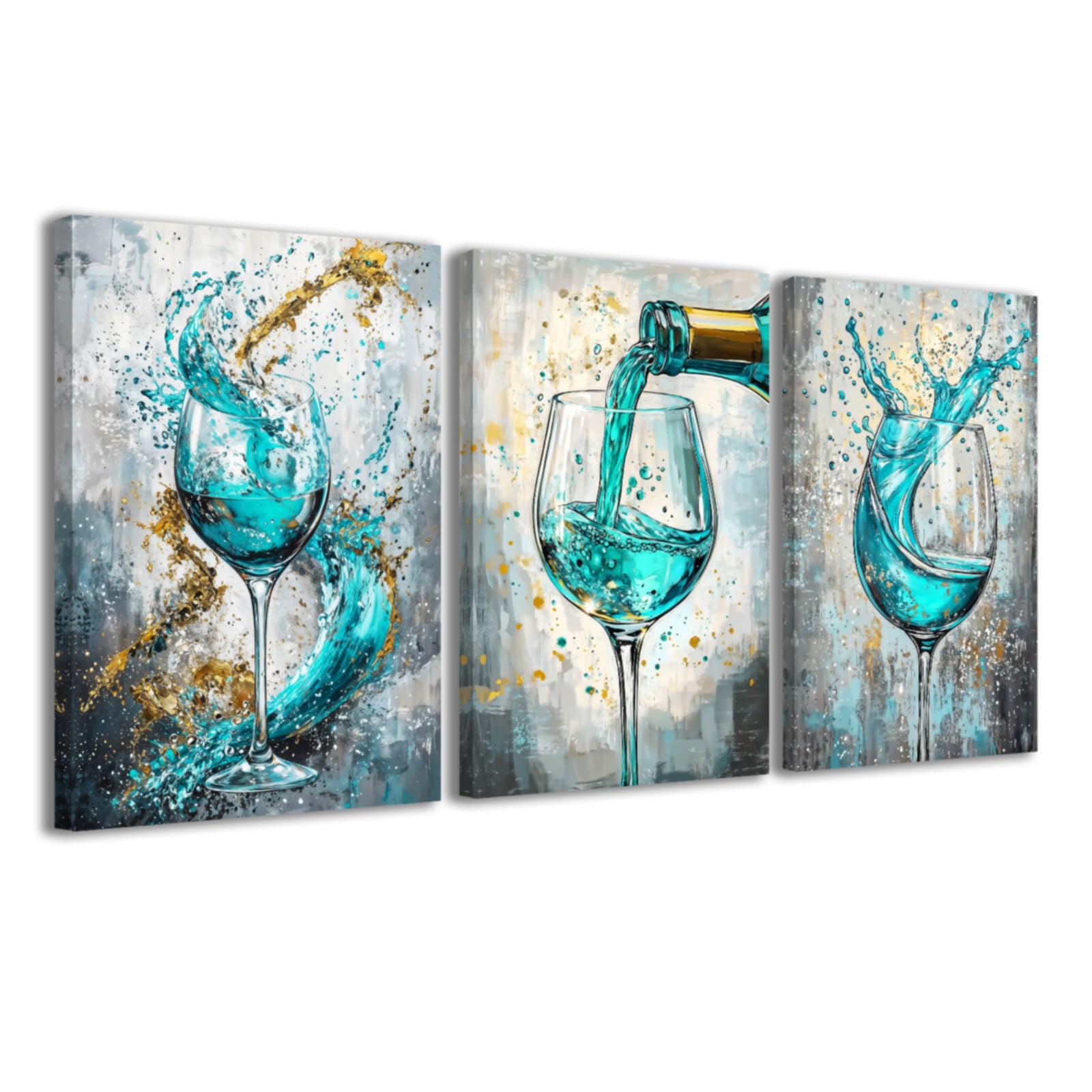 CCWACPP Teal Kitchen Pictures 3 Piece Kitchen Wall Art Wine Canvas Prints Dining Room Pub Bar Home Restaurant Decor Framed (30x40cmx3)