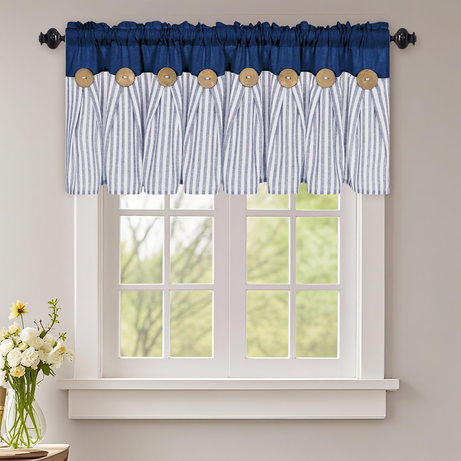 ASPMIZ Cotton Linen Kitchen Valance Curtains, Boho Rustic Button Valances for Windows Farmhouse Style, Blue Striped Valance Window Topper Treatment
