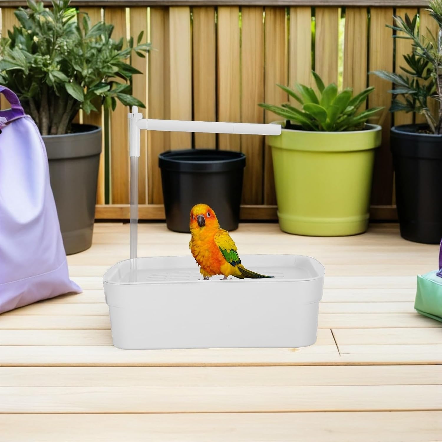 SHOWERORO Automatic Bird Bath for Lovebirds and Finches with Running Water Pump, Washable Abs Material and Antislip Design, Suitable for Balconies and Bird Cages, White Indoor Parrot Shower