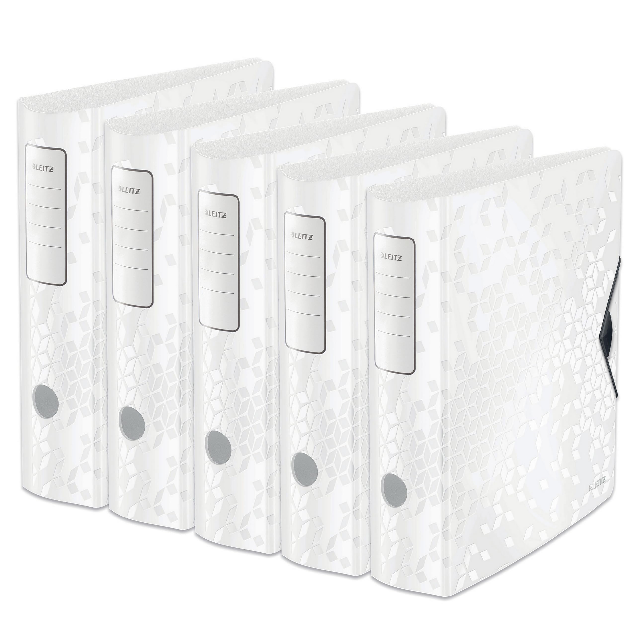 Leitz 11060001 Quality Folder 180° Active Wow Pack of 5 A4 Wide Rounded Spine 8.2 cm Wide Elastic Closure Lightweight Polyfoam Plastic Folder Wow Series White