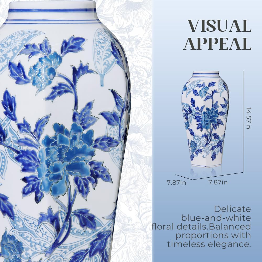 Blue and White Porcelain Vase - 14.6" Hand-Painted Chinoiserie Decor, Vintage Ceramic Vase Gift for Home, Wedding & Mother’s Day