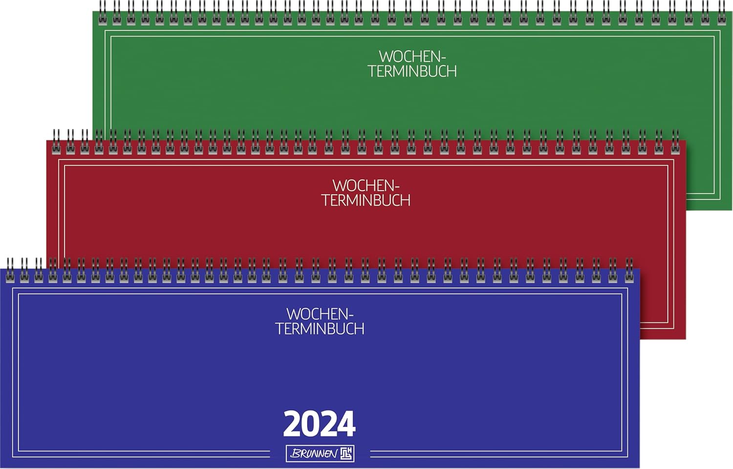 BRUNNEN Weekly calendar model 774 2024, Desk Planner, 2 pages = 1 week, sheet size 32.6 x 10.2 cm, blue, red, green