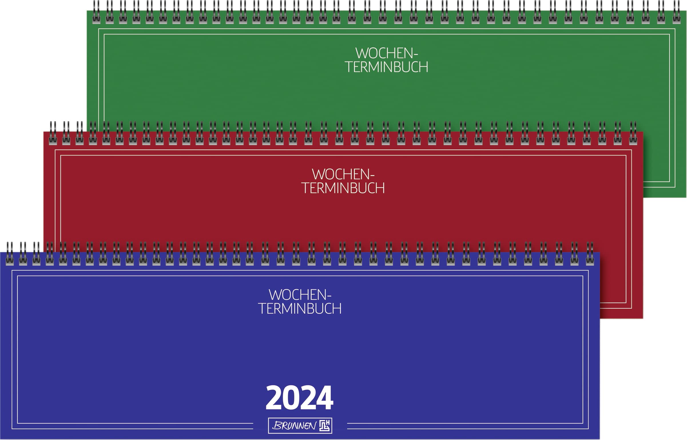 BRUNNEN Weekly calendar model 774 2024, Desk Planner, 2 pages = 1 week, sheet size 32.6 x 10.2 cm, blue, red, green