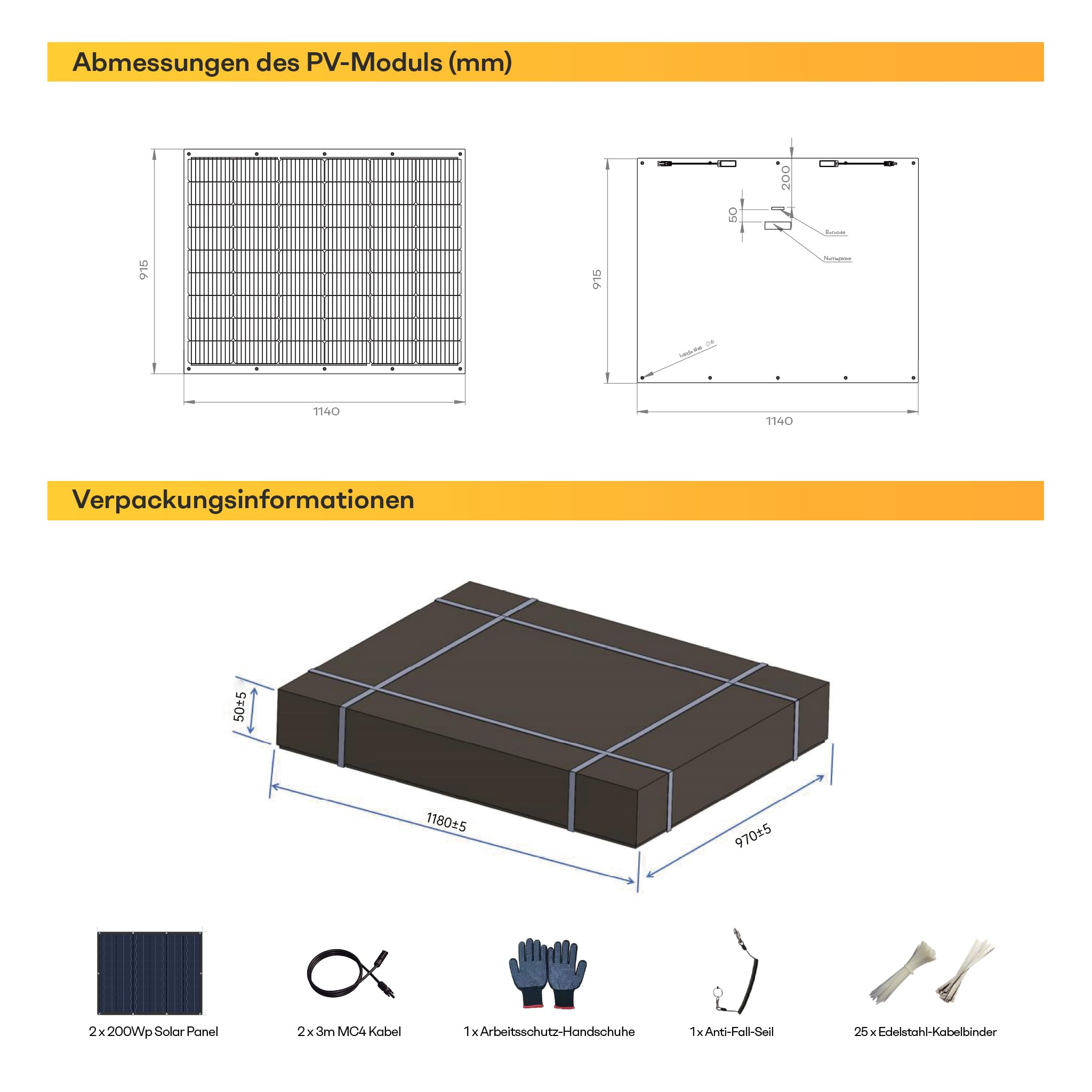 Flexibles Solarpanel 2x200W | Voc 18,55 V · Isc 13,7 A · Vmp 15,3 V · Imp 13,1 A | Monokristallin, Glasfaser-Laminat | Leicht & Biegbar | Ideal für Balkon, Dach & Gartenzaun | Junction Box hinten