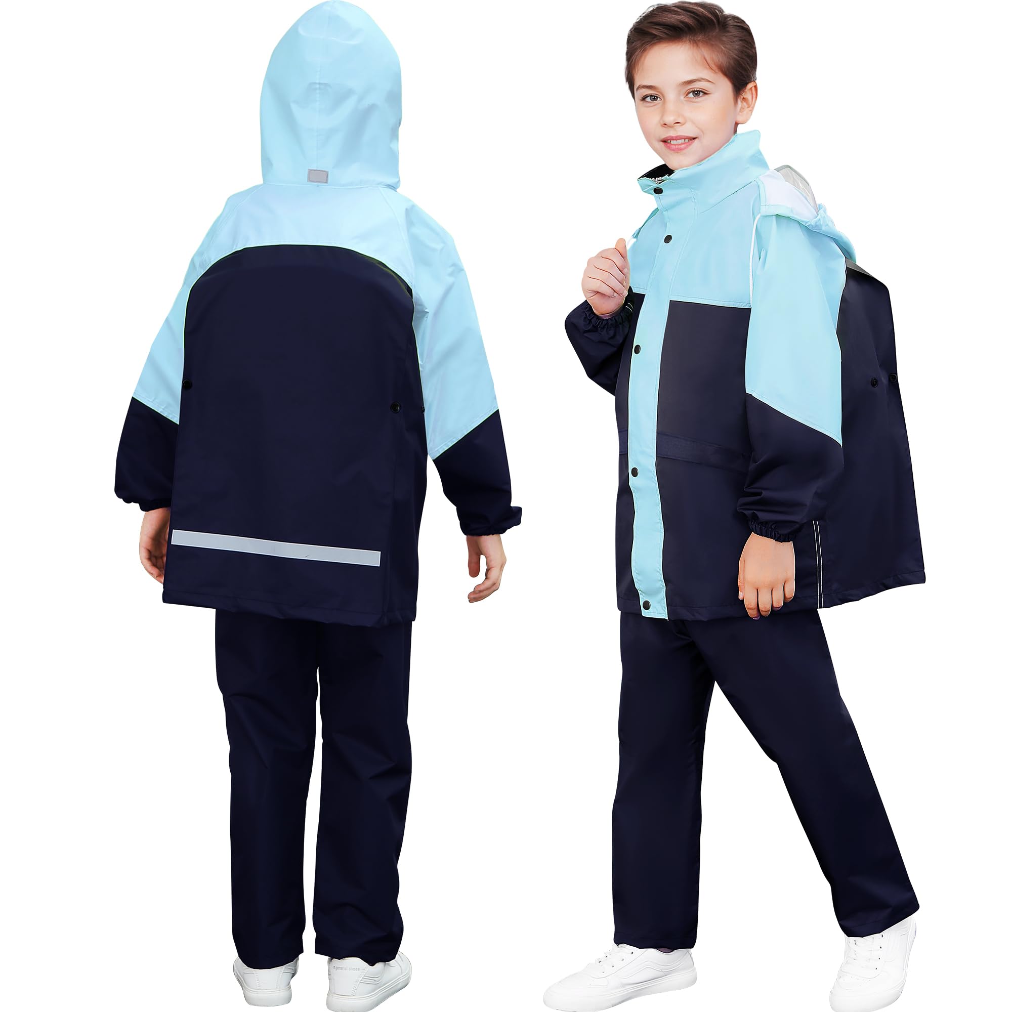 Enfants Imperméable à Capuche, Unisexe Fille Garçon Léger Manteau Veste de Pluie et Pantalon Combinaison avec Bandes Réfléchissante, Vêtements de Pluie pour Sport Randonnée Voyage 8-14 Ans