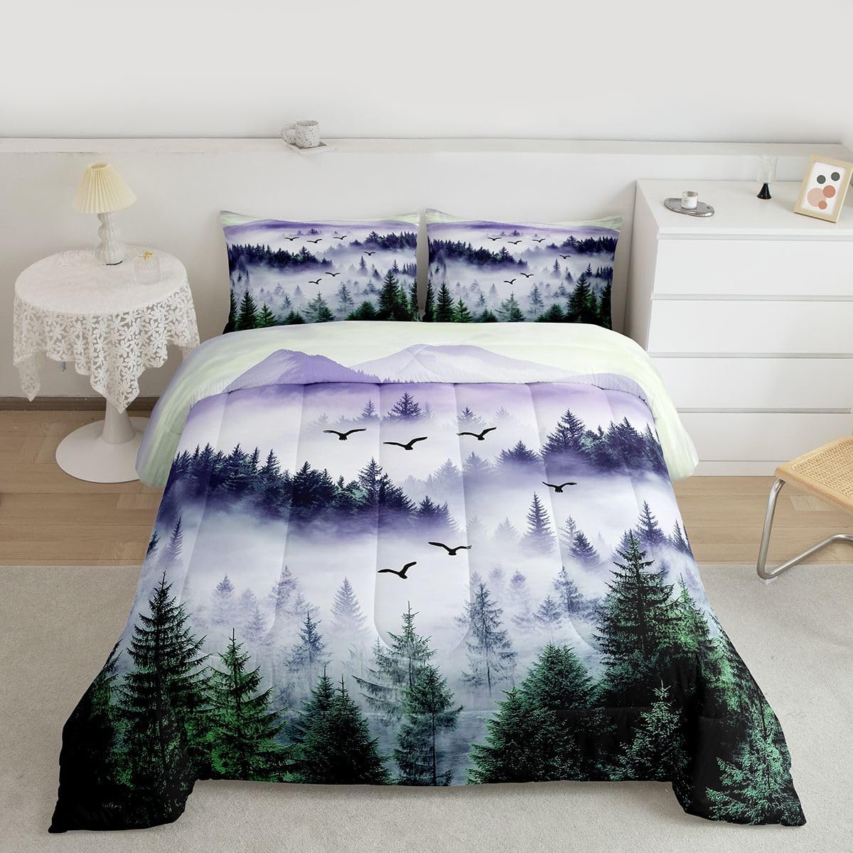 Erosebridal Purple Green Comforter Set King Smoky Mountain Forest Bedding Set Jungle Plants Natural Scenery Comforter for Kids Teen Adults,Misty Style Retro Quilt Duvet