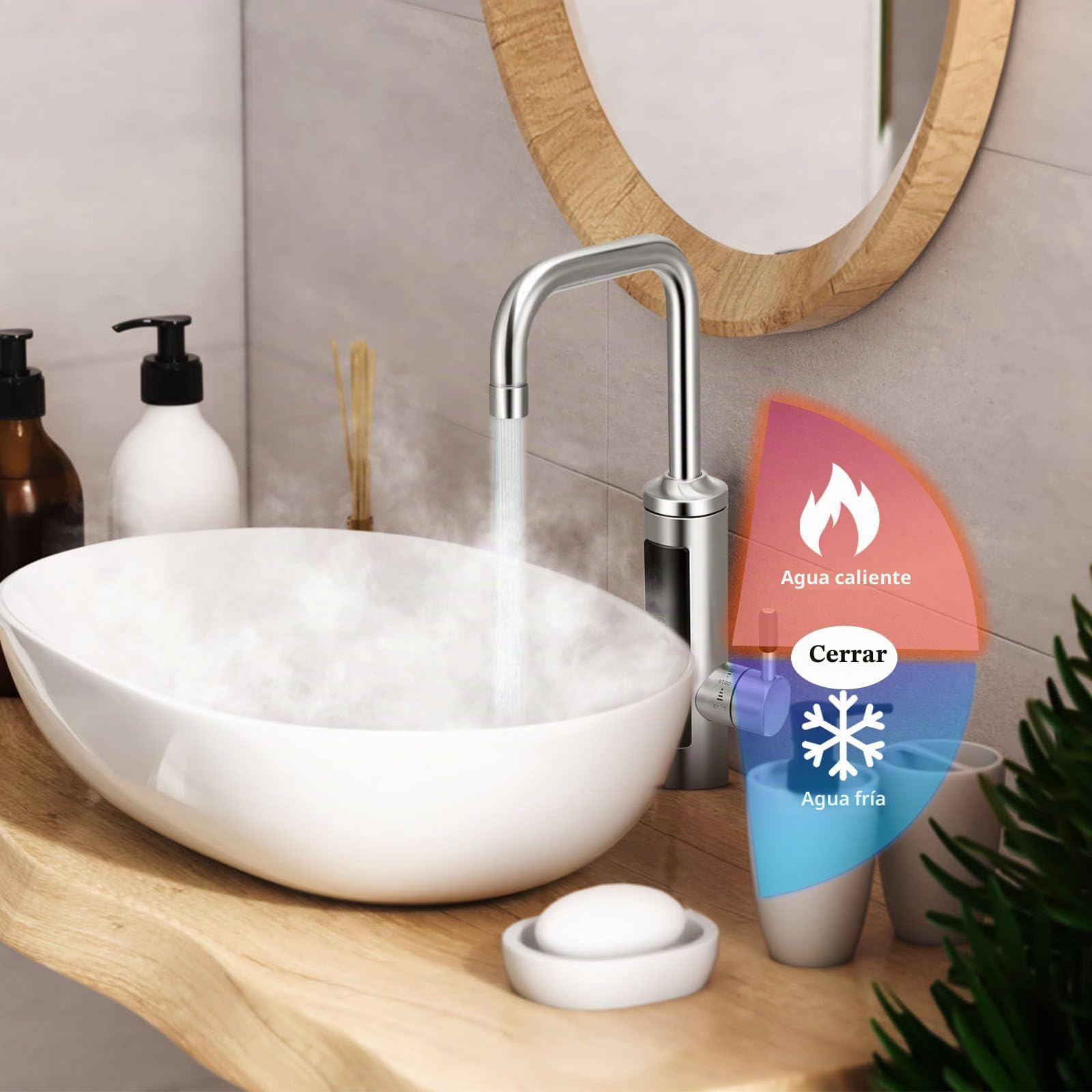 Grifo eléctrico con calentador de agua de 230 V, 3000 W, grifo eléctrico de acero inoxidable con indicador de temperatura LED, giratorio 360°, grifo de agua caliente con calentador de agua instantáneo