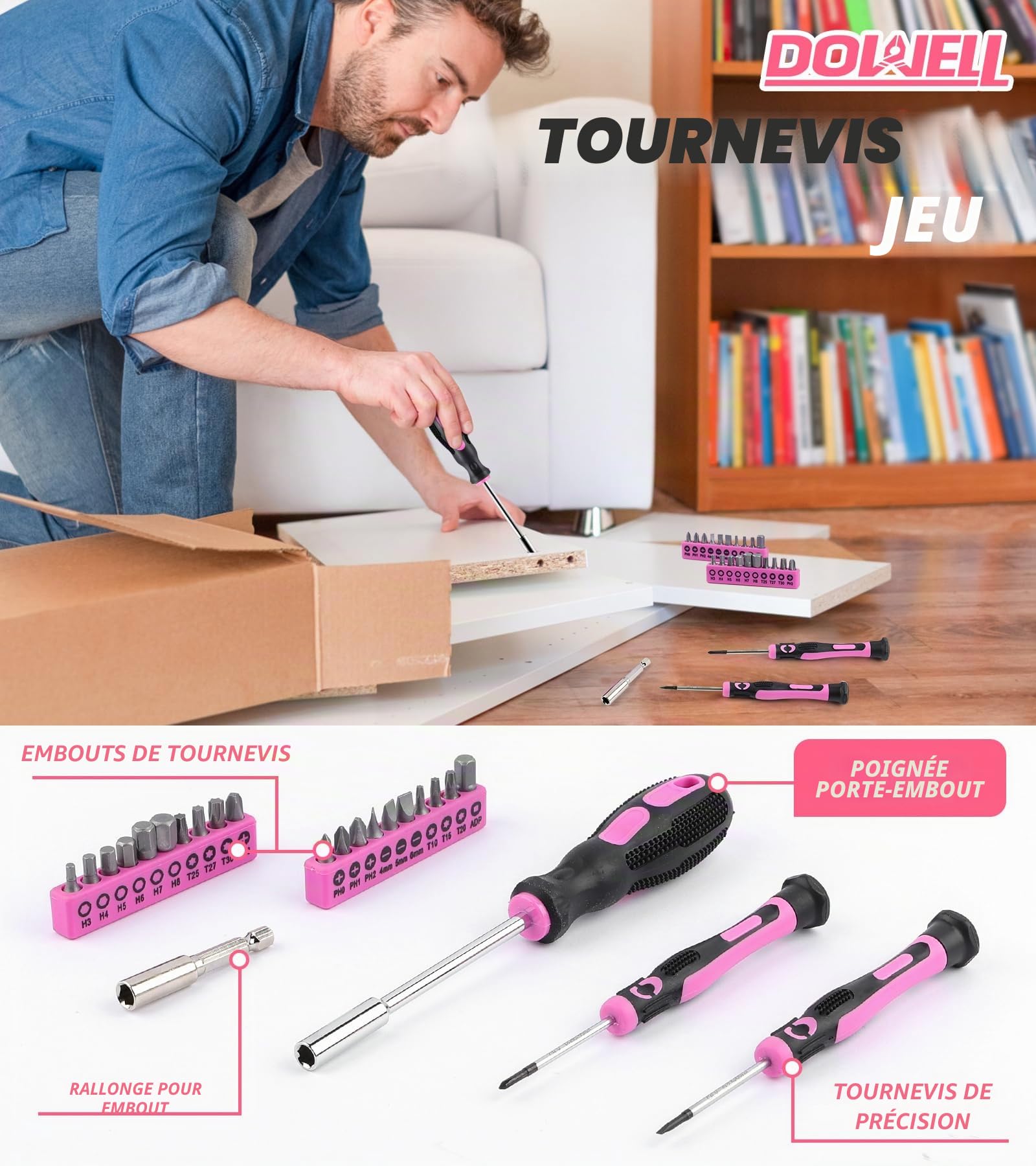 DOWELL Ensemble d'outils rose 140 pièces pour femmes, filles, dames, Set d'outils ménagers avec sac de transport de 35,6 cm